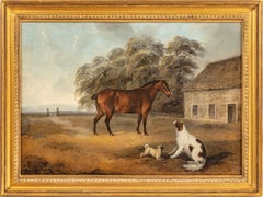 A Bay cob, spaniel and a pug outside a stable