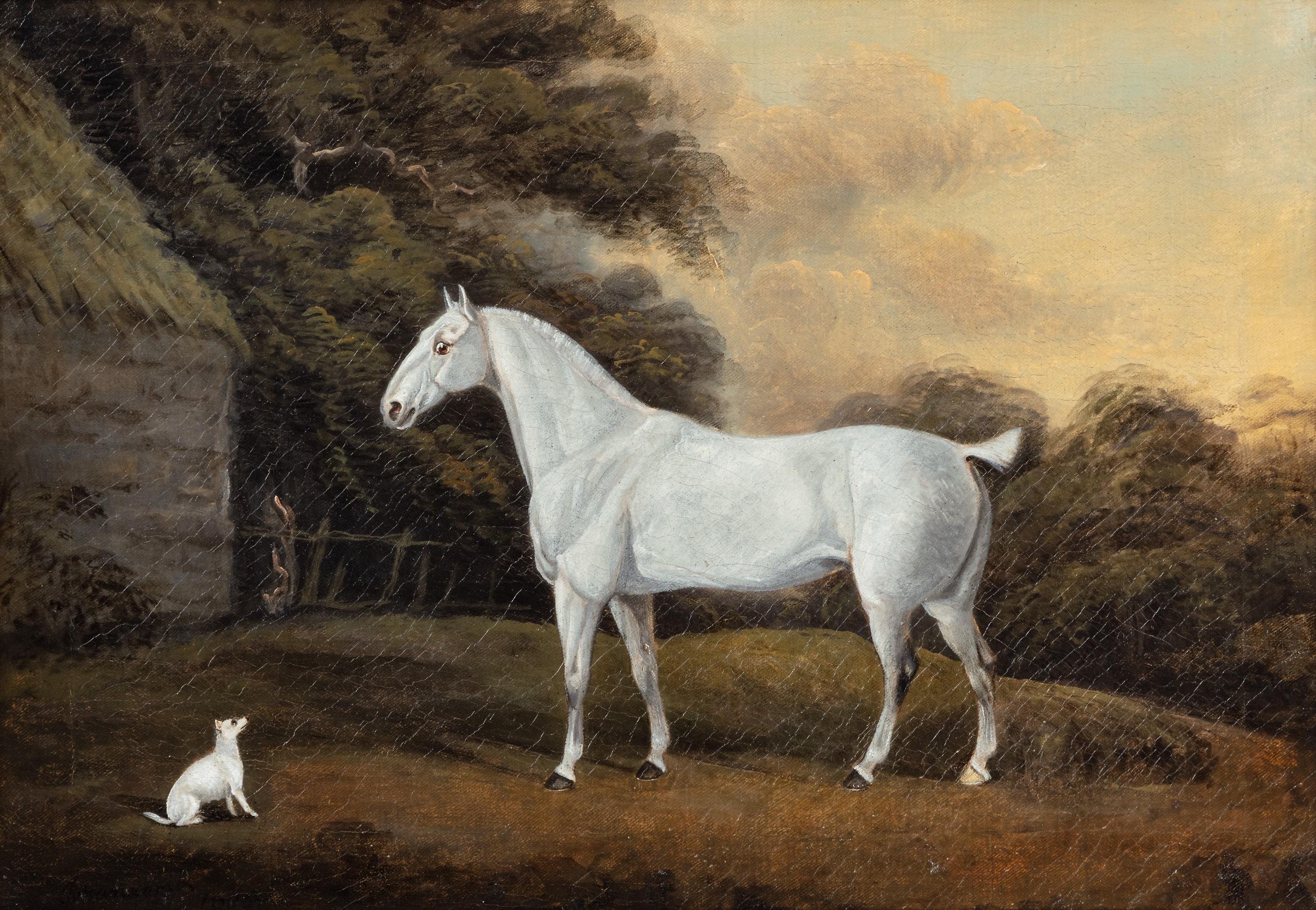 A Grey cob and a terrier, in a landscape - Painting by Charles Branscombe