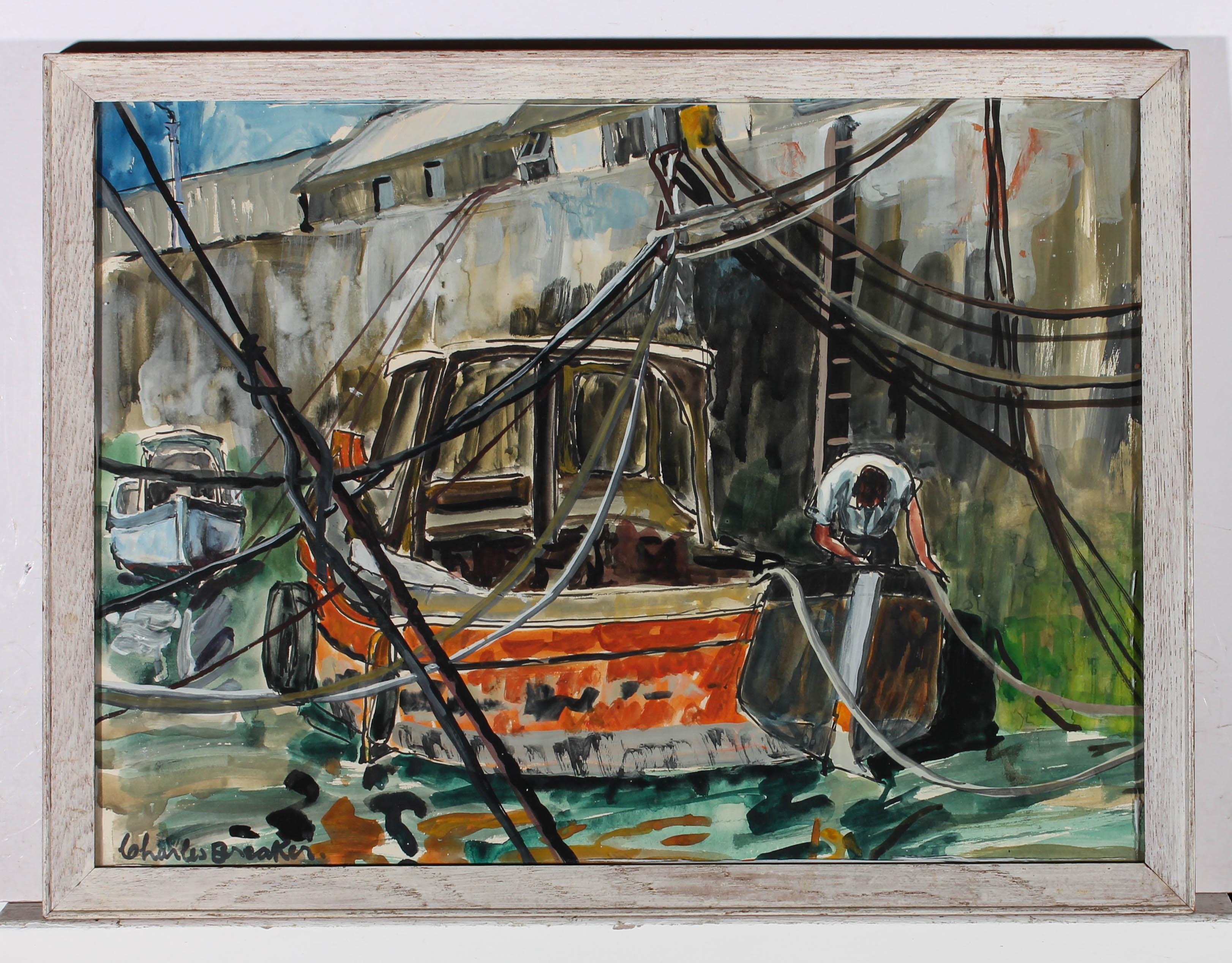 A colourful and energetic acrylic painting of a bright orange fisherman's boat, captured from the water. The owner can be seen on board, giving the boat a good once over before taking it out to sea. The orange boat commands your attention in the