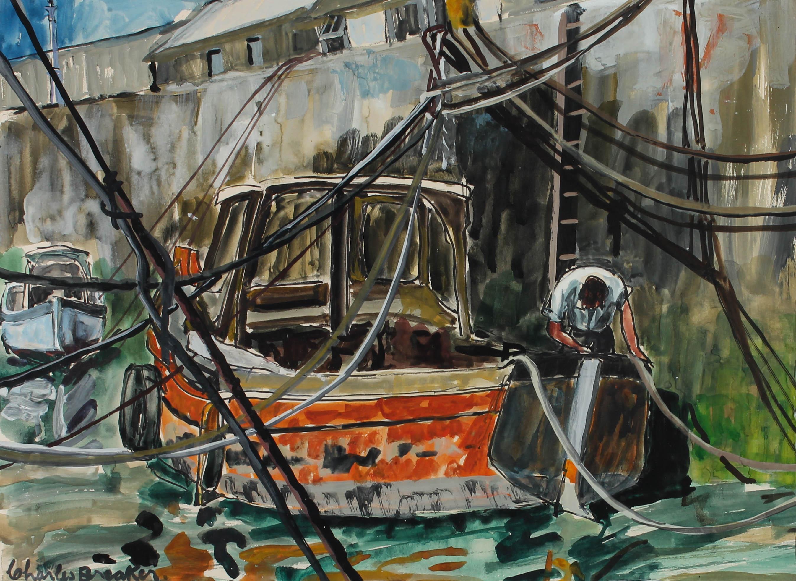 A colourful and energetic acrylic painting of a bright orange fisherman's boat, captured from the water. The owner can be seen on board, giving the boat a good once over before taking it out to sea. The orange boat commands your attention in the
