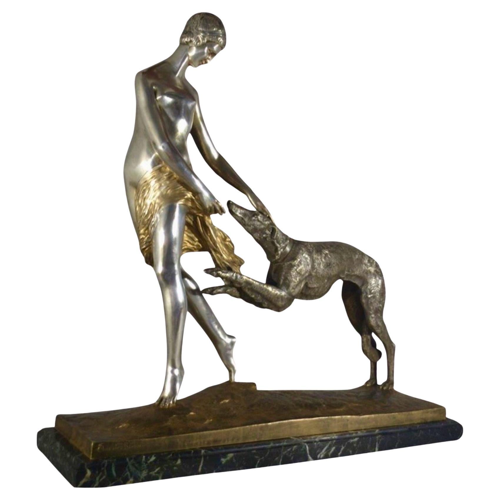 Charles Breton Gran Escultura de Bronce de Mujer con Borzo