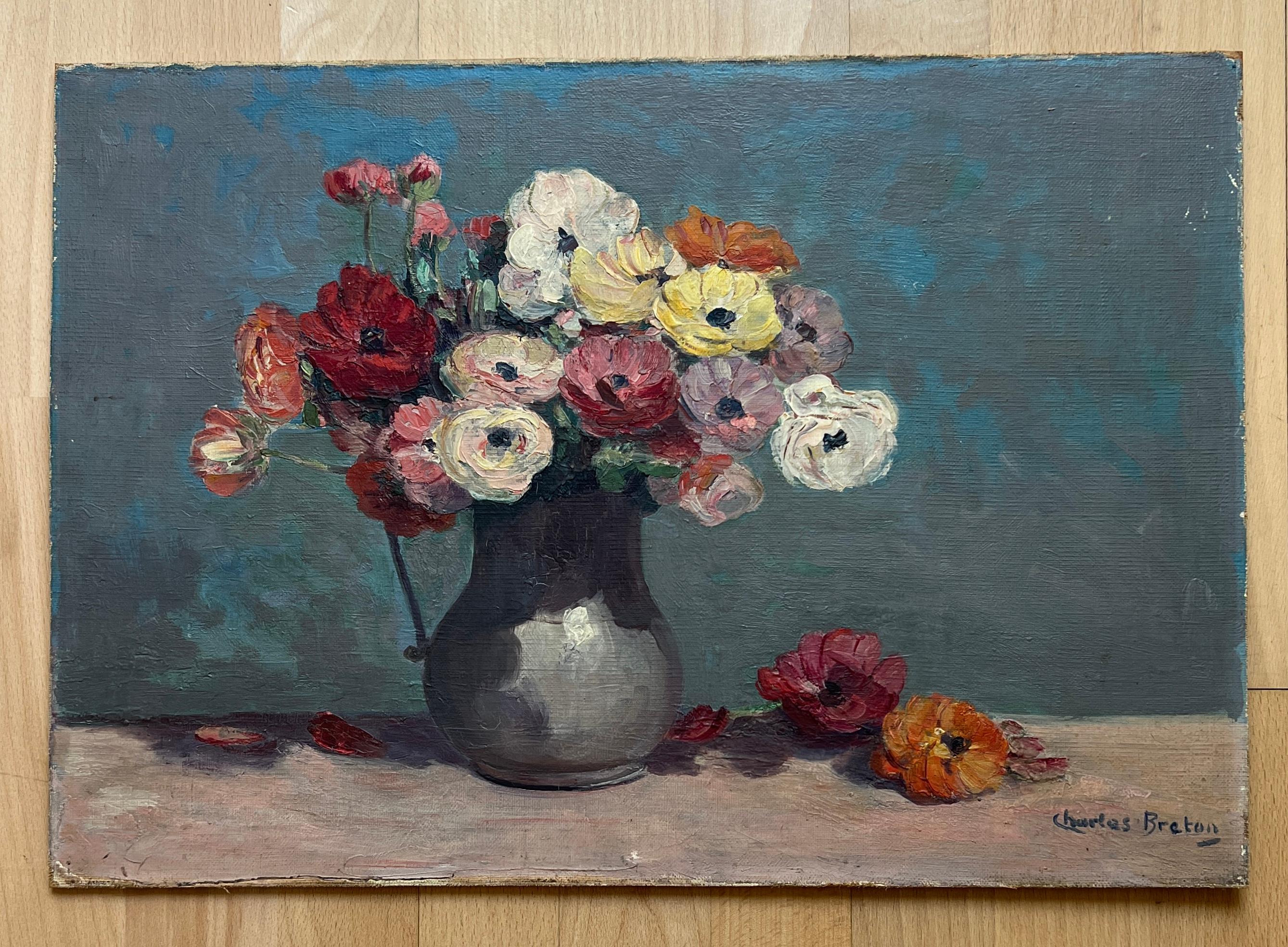Bouquet de fleurs dans un pichet - École française Painting par Charles Breton