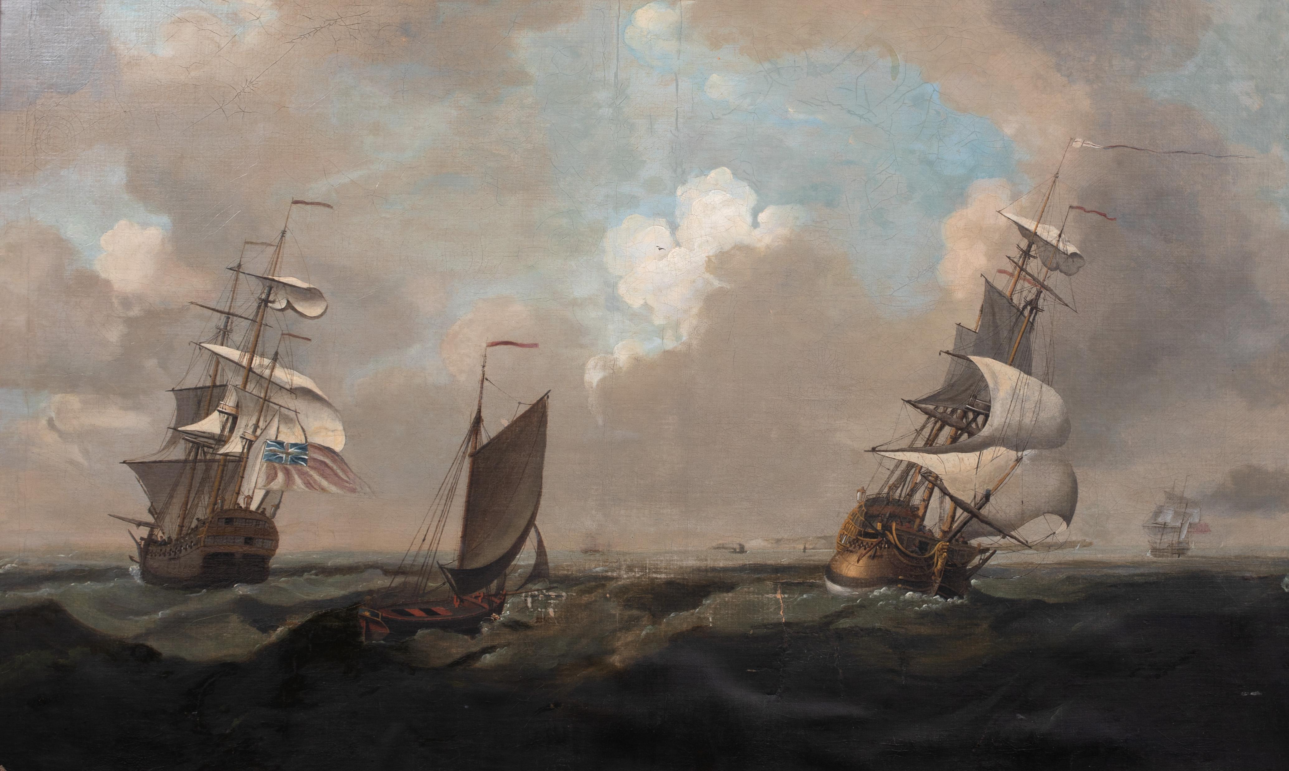 Squadrone della Royal Navy britannica in manovra al largo di Dover, XVIII secolo - Portrait Painting Marrone di Charles Brooking