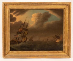 Fine 18th Century British Marine Oil Painting Naval Shipping in Stormy Seas