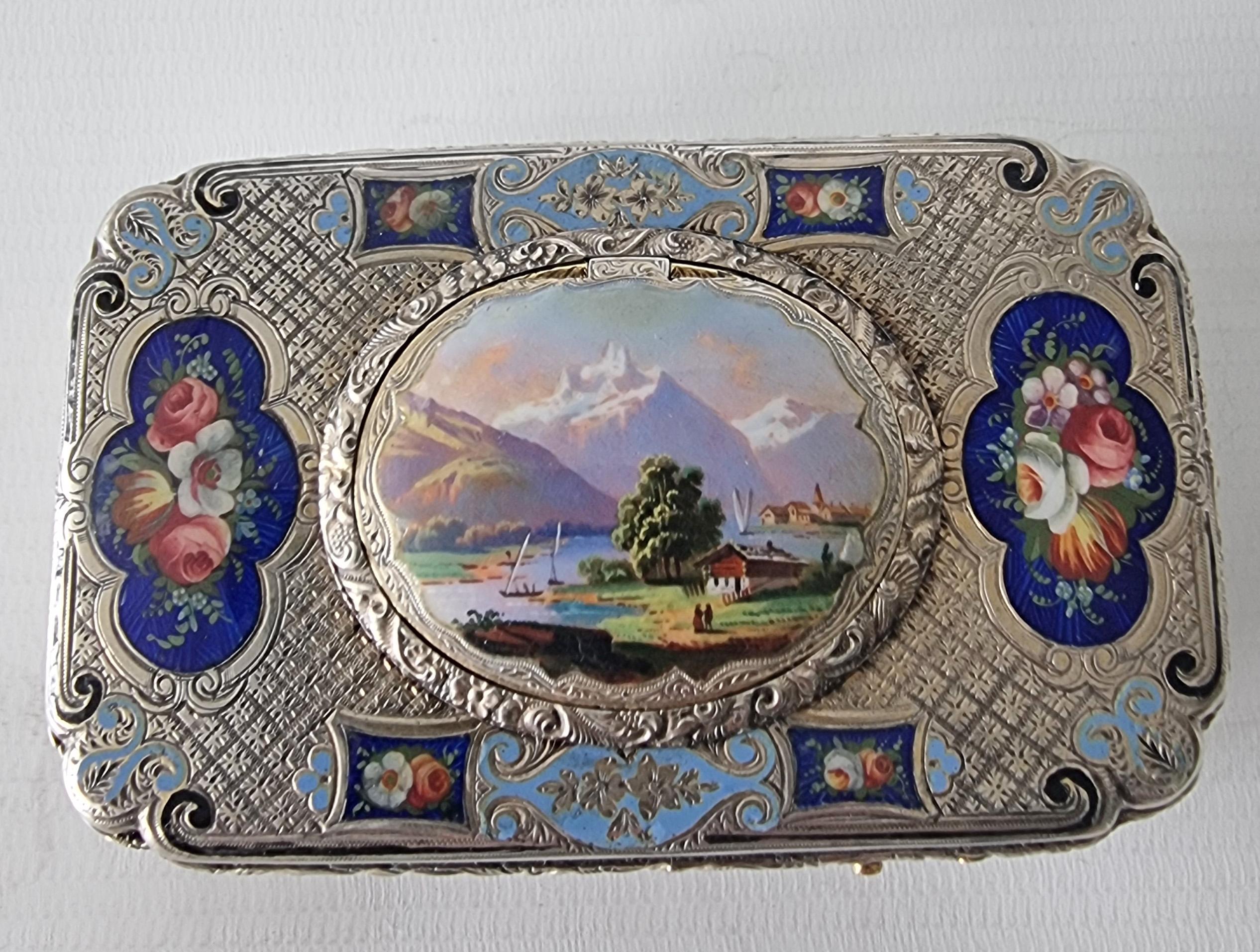 Milieu du XIXe siècle Boîte à oiseaux chantant Charles Bruguier, mouvement fusée, étui en argent doré et émaillé en vente
