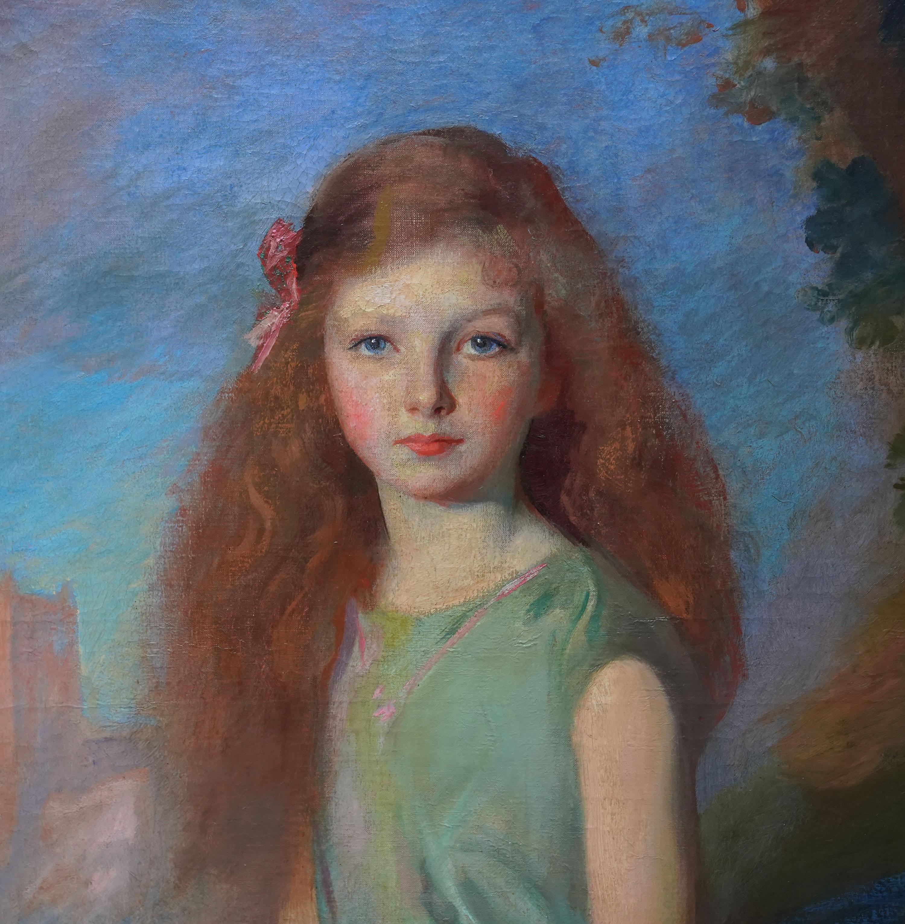 Retrato de Mary Haggie - Británico 1925 arte retrato paisaje pintura al óleo - Portrait Painting Gris de Charles Buchel