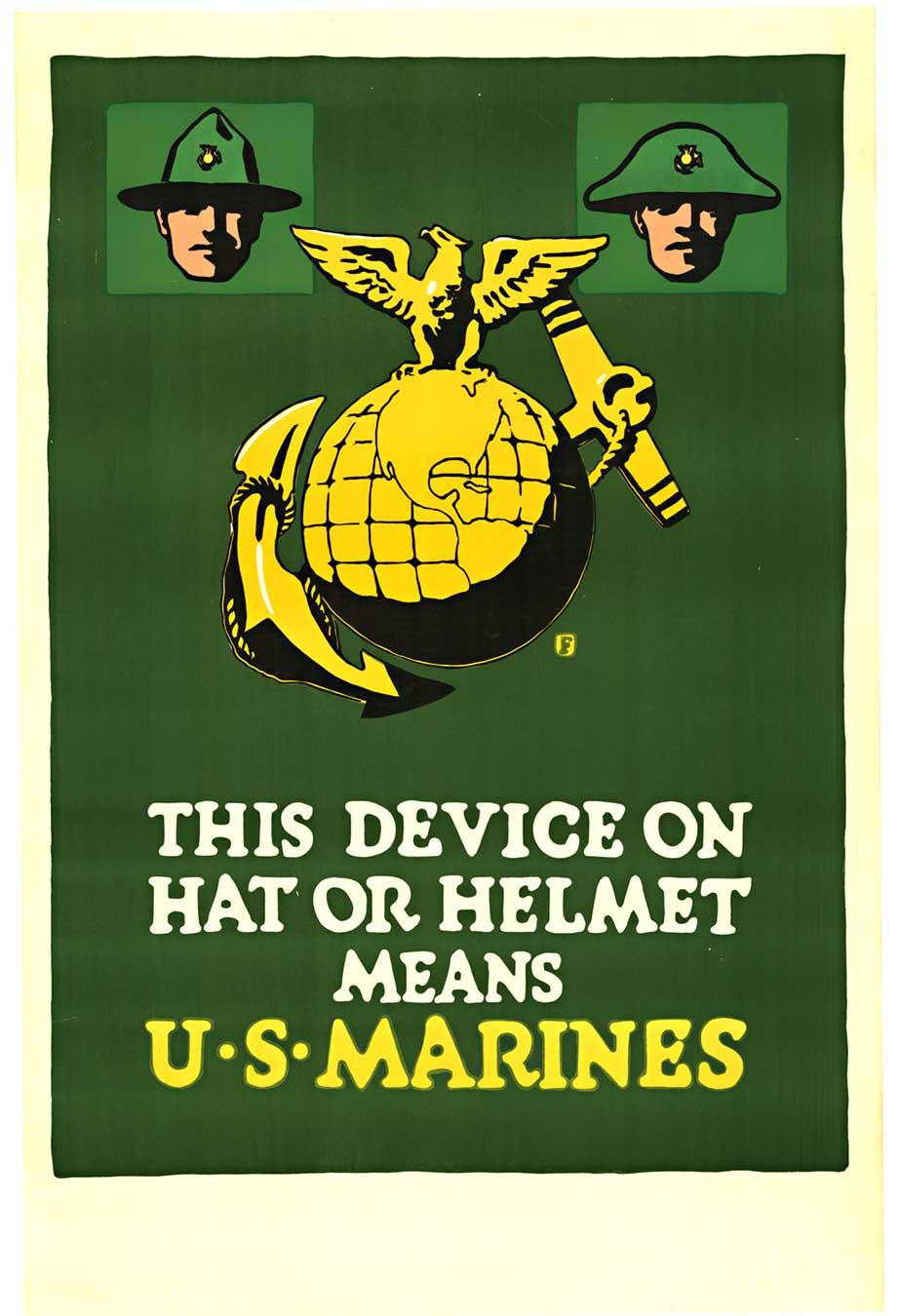 Original "This Device on Hat or Helmet means U. S. MARINES" vintage poster