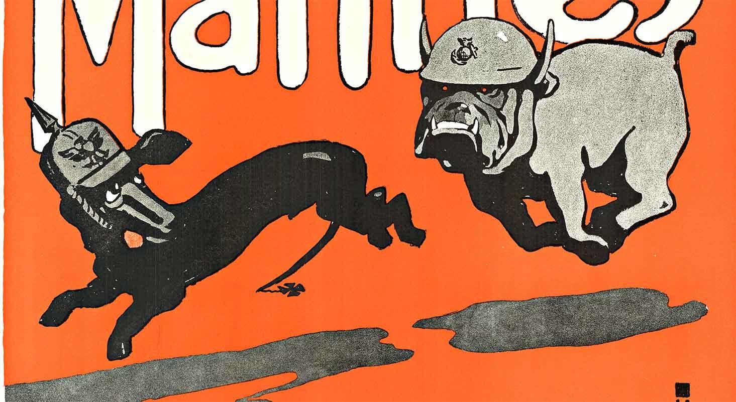 Poster d'epoca originale del TEUFEL HUNDEN (Devil Dogs) degli U.S. MARINES - Print Arancia di Charles Buckles Falls.  a.k.a. C. B. Falls