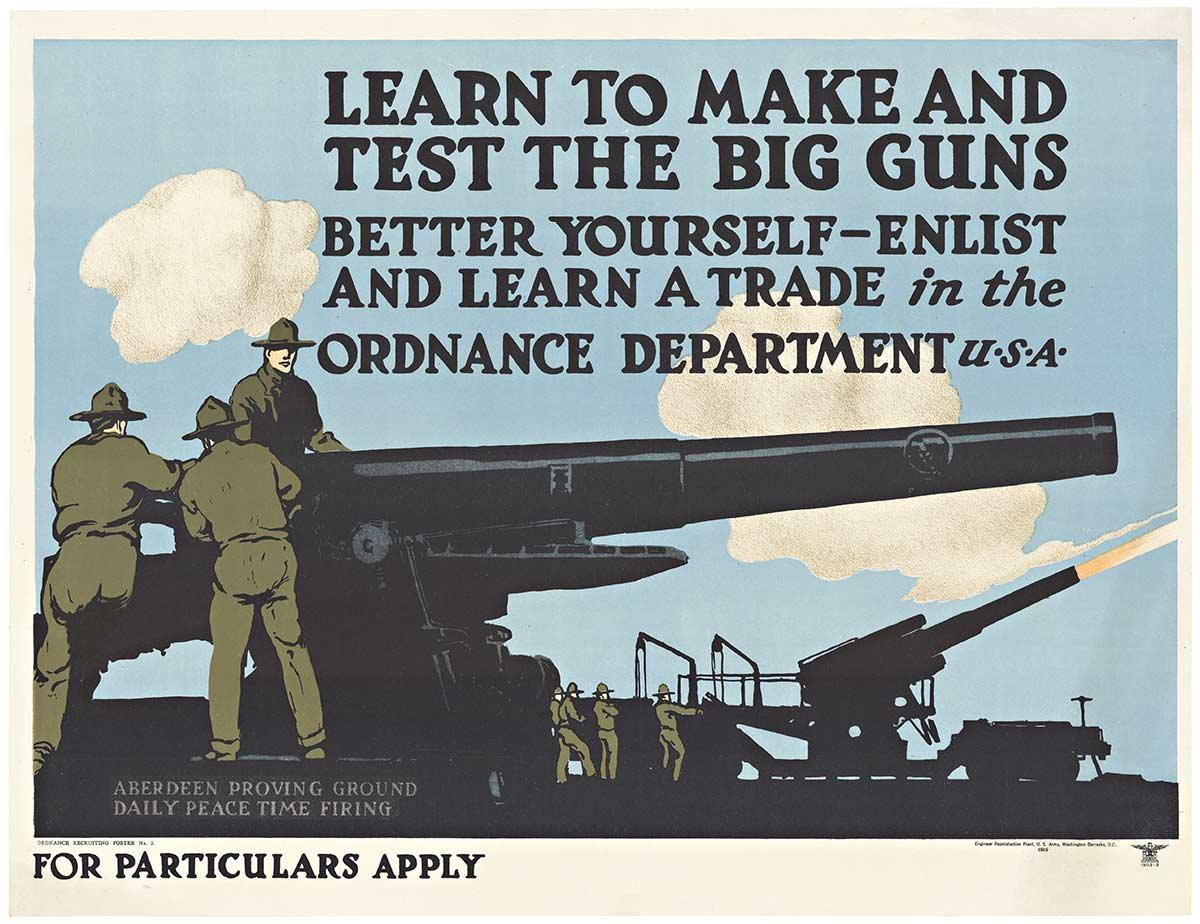 Original Learn to Make and Test Big Guns vintage World War 1 poster