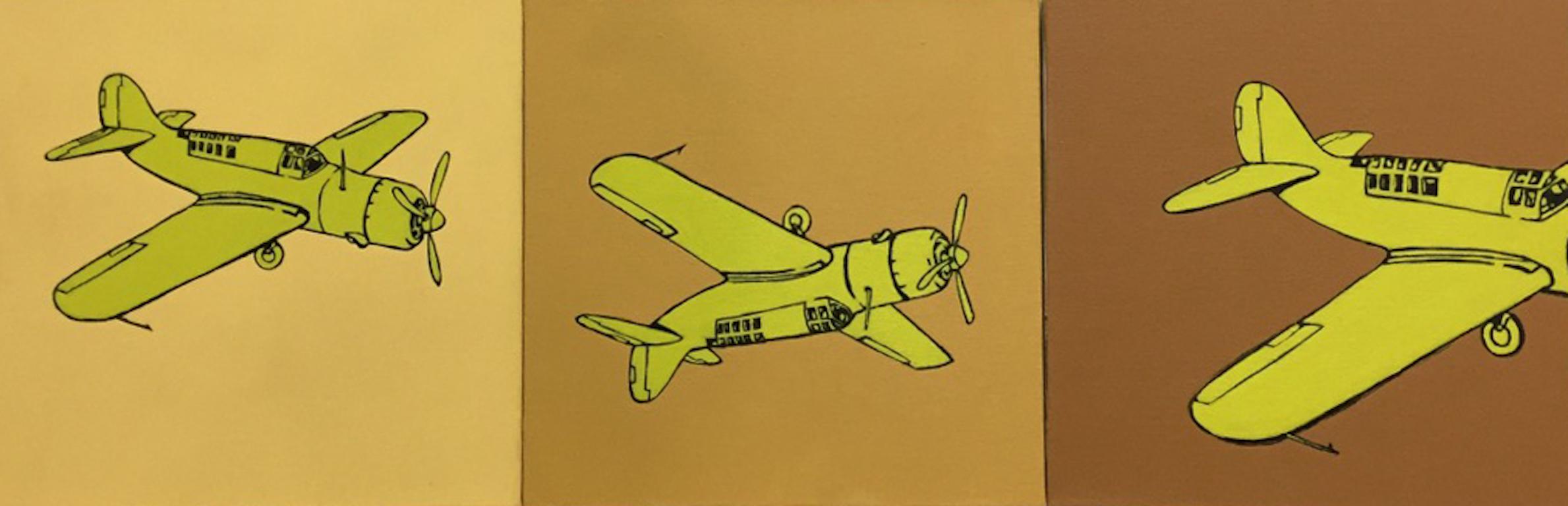 Charles Buckley Still-Life Painting - Airplane, yellow triptych, pop art style
