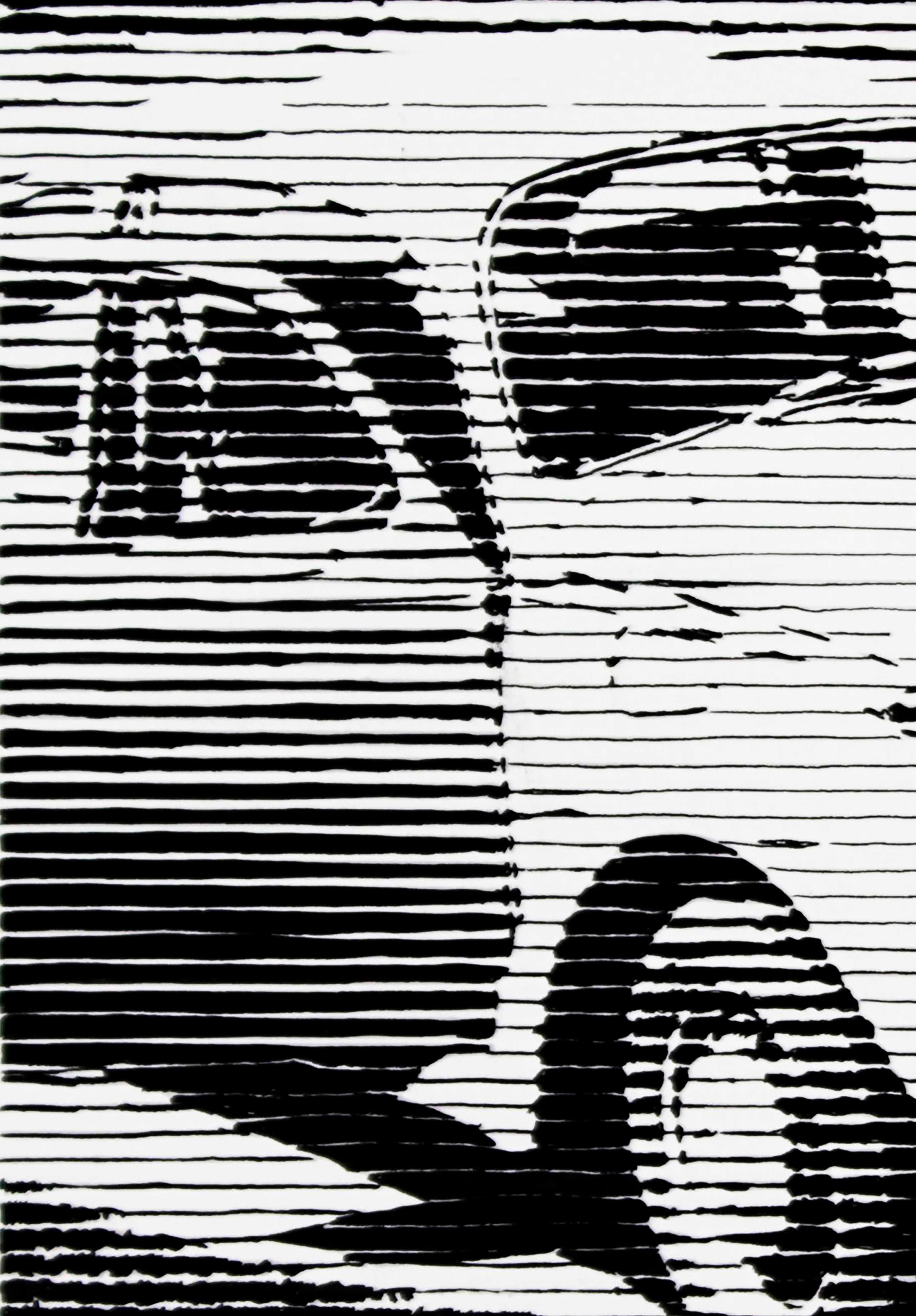 Betty & Her Beetle, peinture noire et beige d'une femme et d'un coq Volkswagen - Painting de Charles Buckley