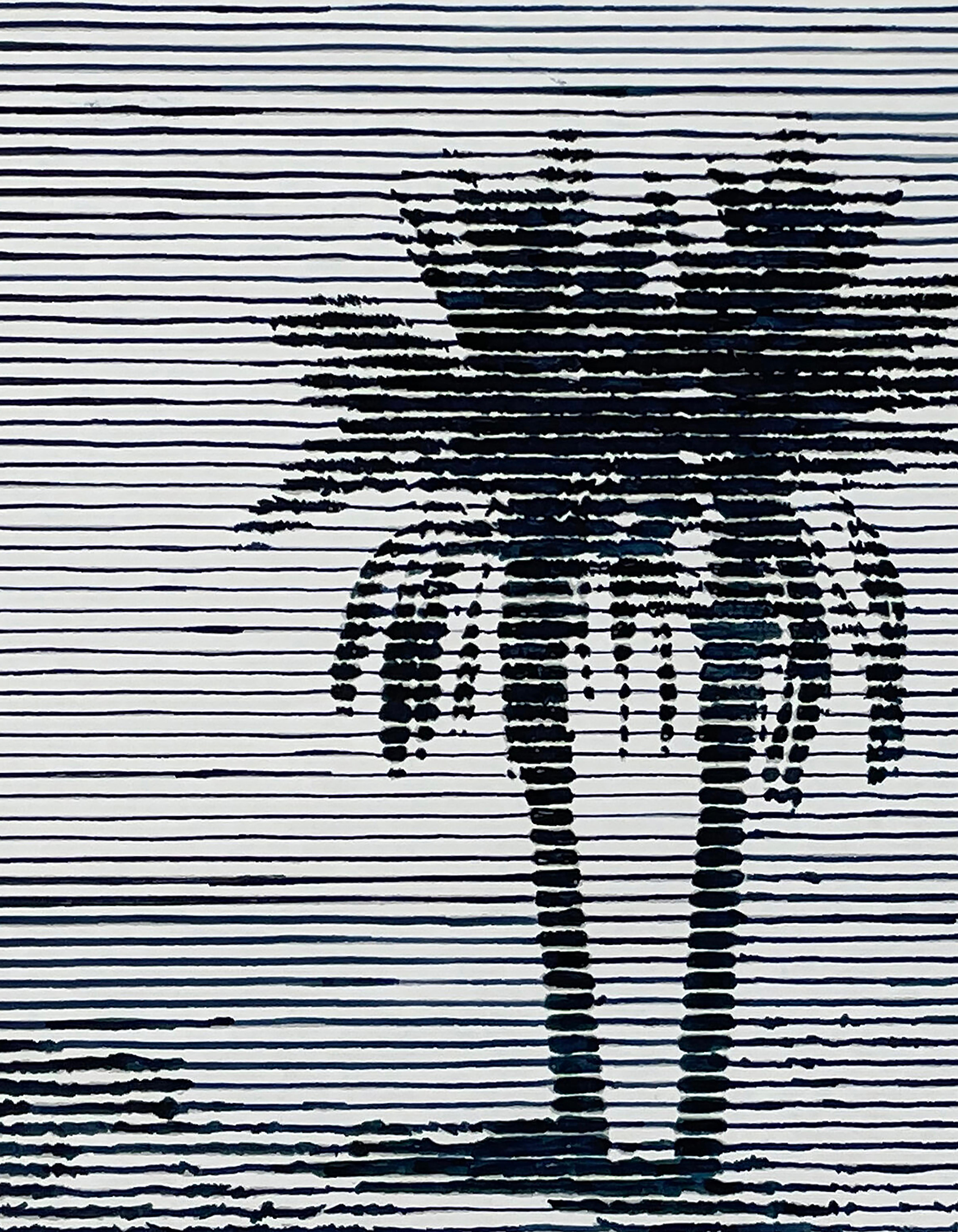 Mirage/Oasis, black and white painting of a beach with palm trees - Painting by Charles Buckley