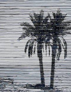 Mirage/Oasis, black and white painting of a beach with palm trees
