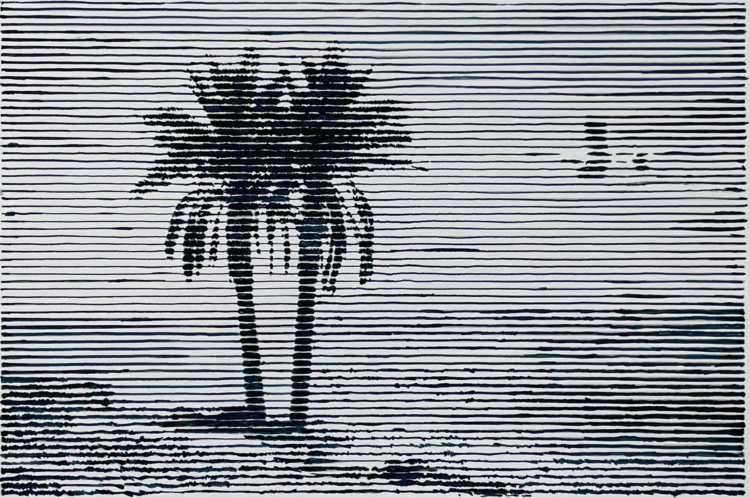 Charles Buckley Still-Life Painting - Mirage/Oasis, black and white painting of a beach with palm trees