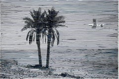 Mirage/Oasis, black and white painting of a beach with palm trees