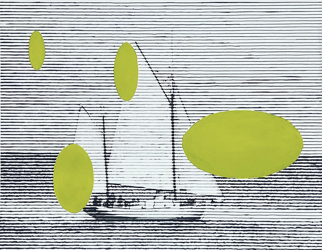 Still-Life Painting de Charles Buckley - Recordando cómo podrían ser las cosas, pintura negra, blanca y amarilla de un velero