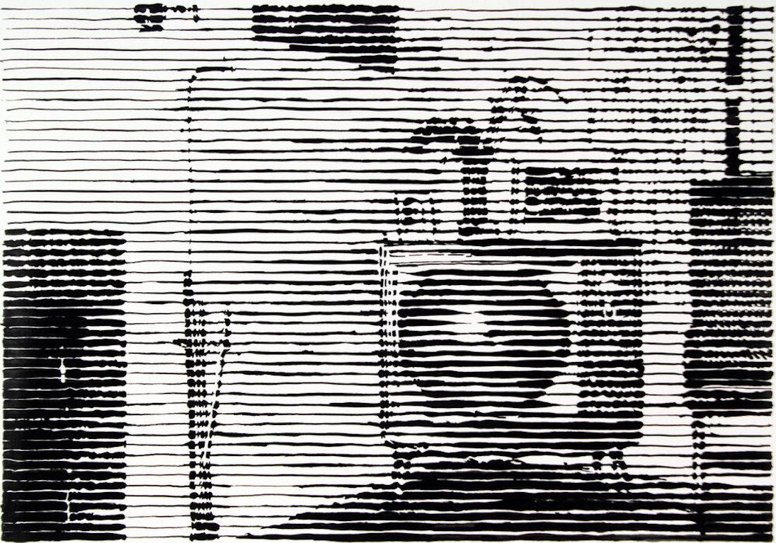 Charles Buckley Interior Painting - Grandma's TV, black and white painting of a 1950s living room