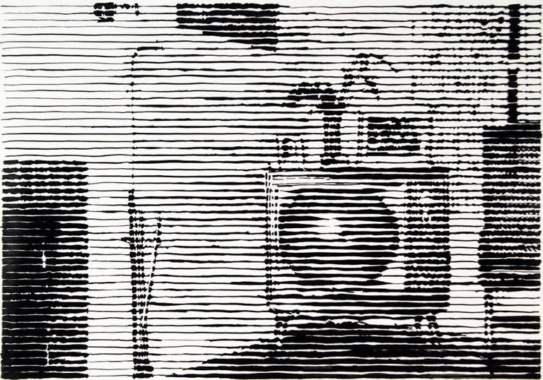 Charles Buckley Still-Life Painting - Grandma's TV, black and white painting of a 1950s living room