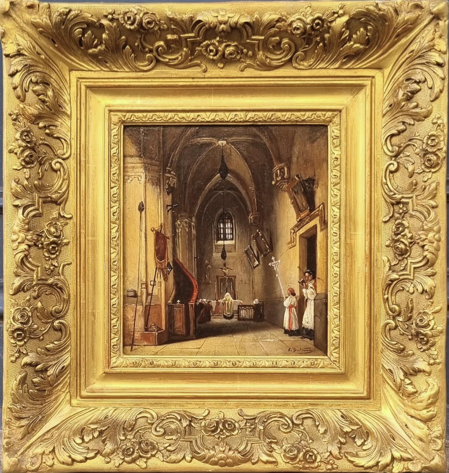 Französisch Malerei Interior Church Saint Germain Charonne in Paris Troubadour 19. – Painting von Charles BULTEAU