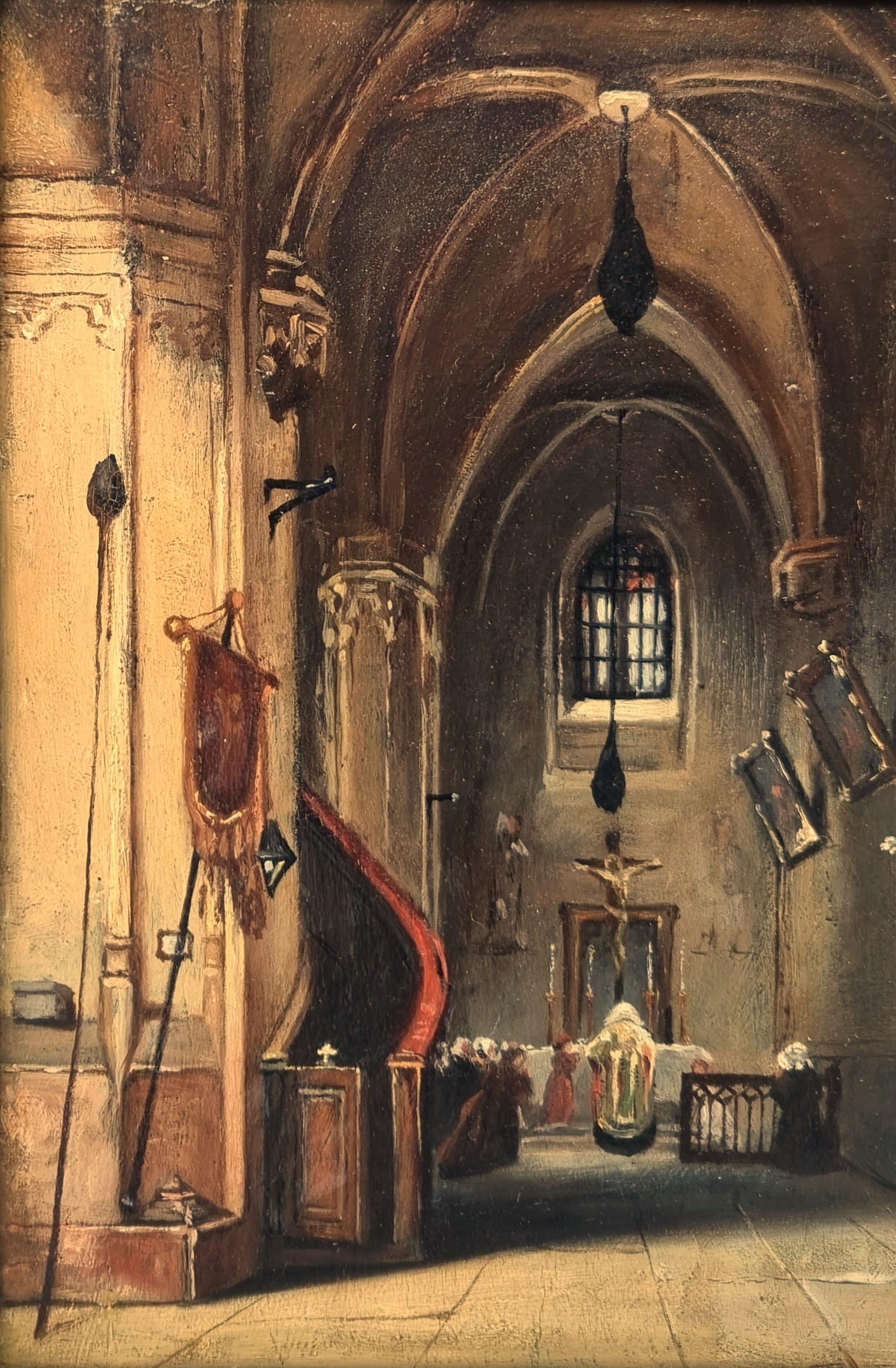 Französisch Malerei Interior Church Saint Germain Charonne in Paris Troubadour 19. (Braun), Interior Painting, von Charles BULTEAU