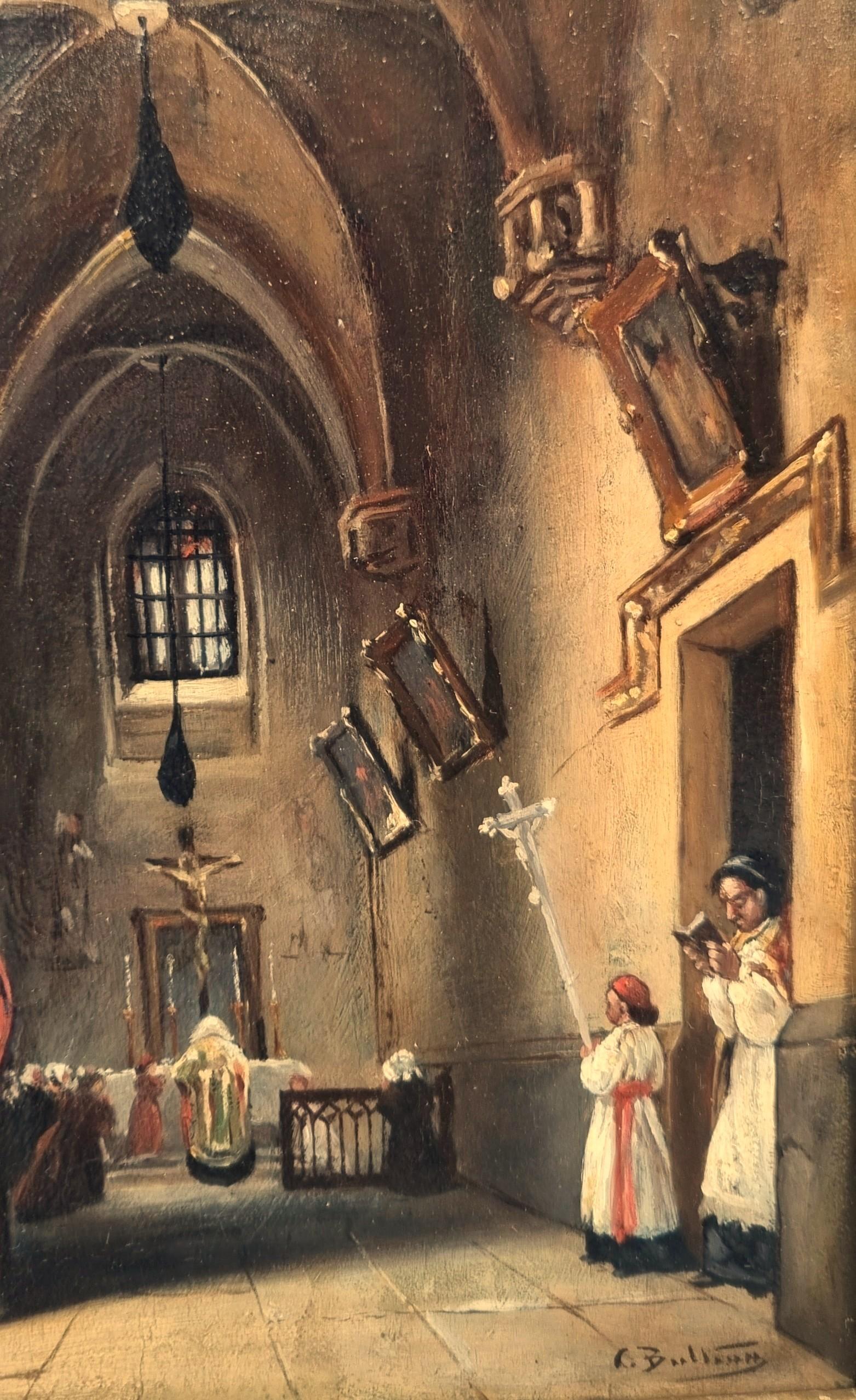 Charles BULTEAU
Aktiv in den 1870er und 1880er Jahren
Blick in das Innere der Kirche Saint Germain de Charonne in Paris
Öl auf Platte
29 x 24 cm (50 x 48 cm mit dem Rahmen)
Sehr schöner zeitgenössischer Rahmen aus vergoldetem Holz
Sehr guter