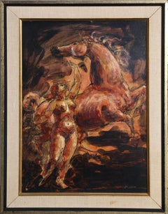Doncella y caballo, pintura moderna al óleo sobre tabla de Charles Burdick