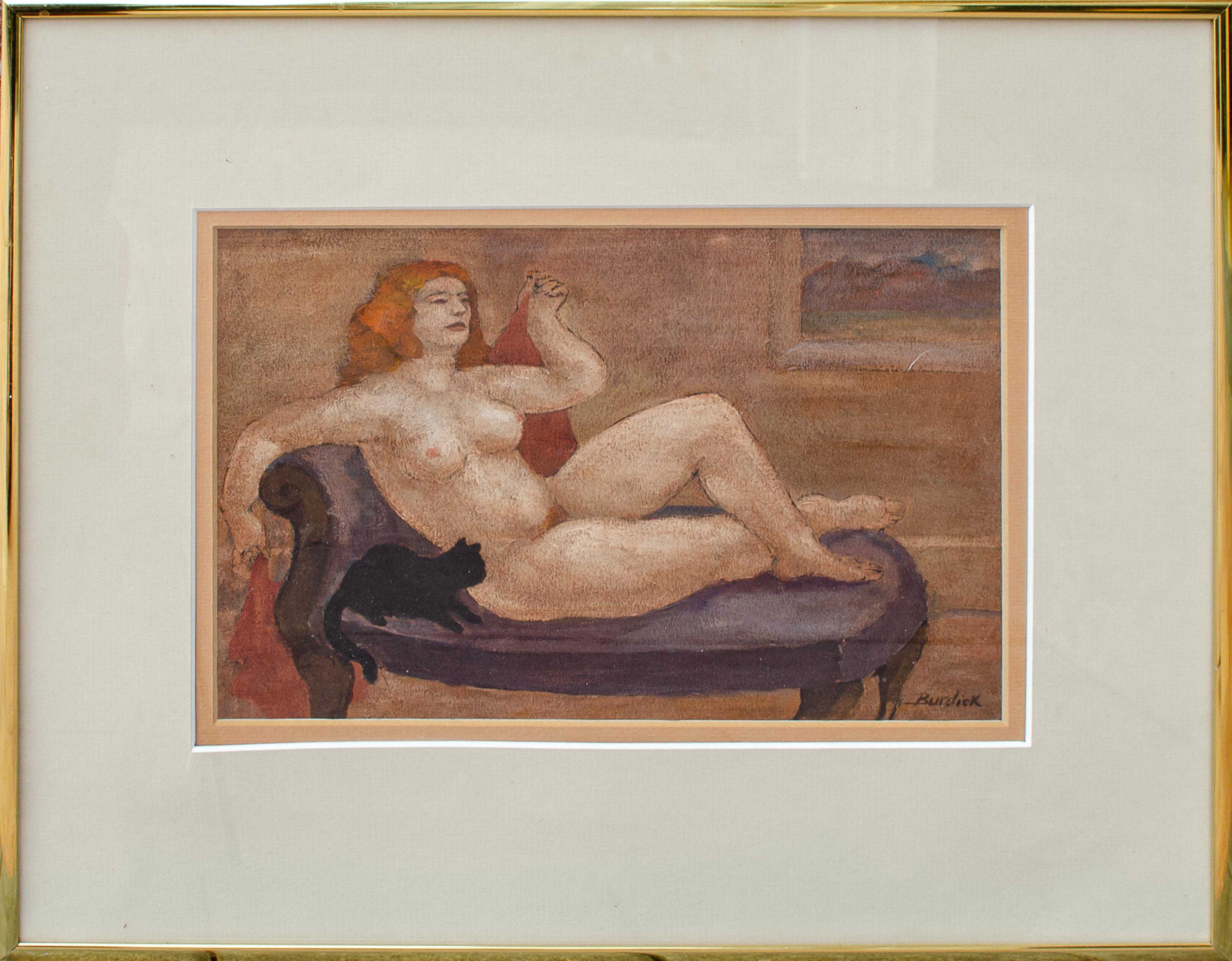 Reclining Nude Woman with Cat Painting by Charles Burdick For Sale 3