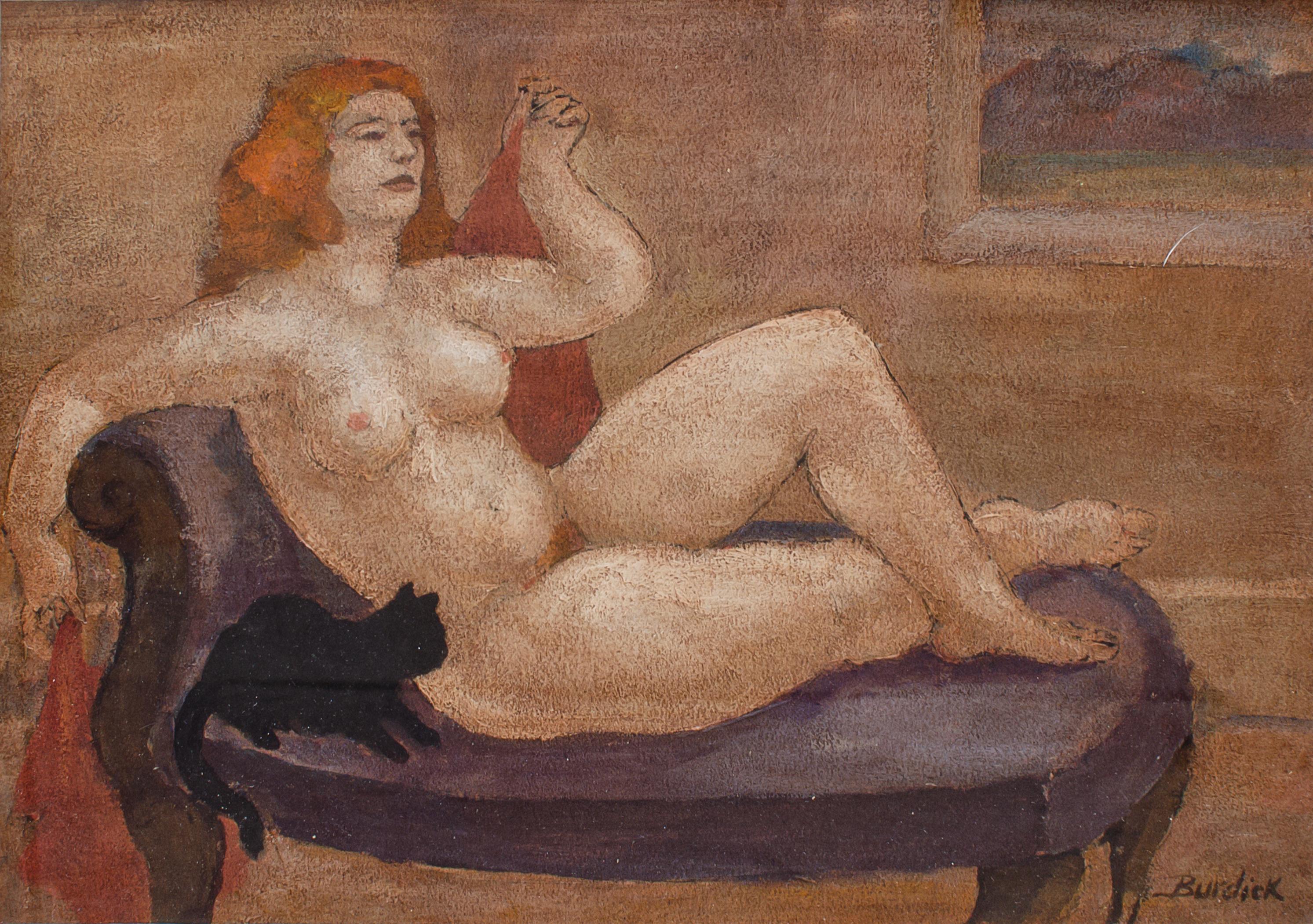 Donna nuda reclinata con gatto dipinto da Charles Burdick