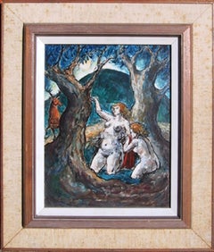 Dos desnudos en el bosque, pintura moderna al óleo y tinta de Charles Burdick