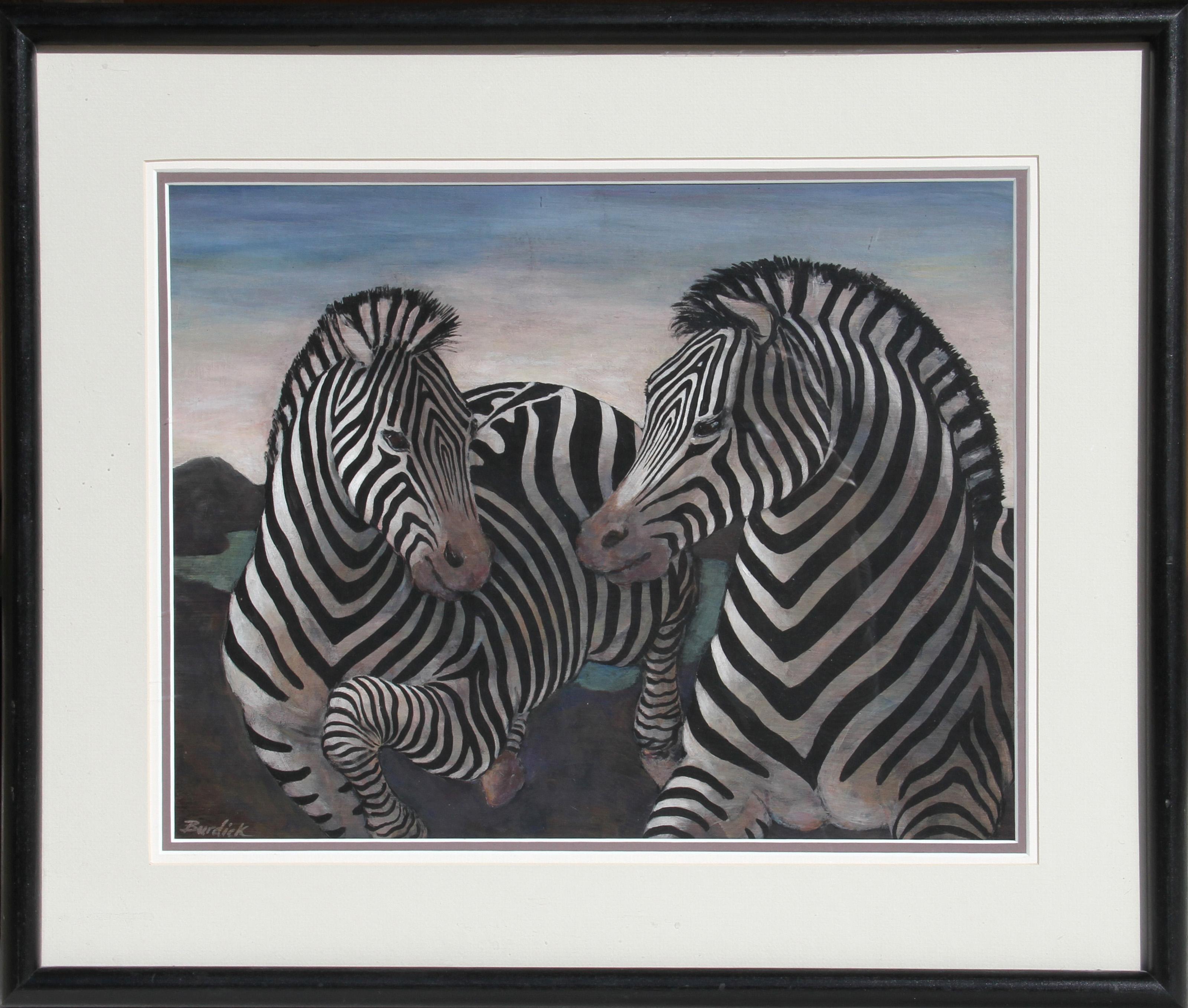 Charles Burdick, American (1924 - ) - Zebras, Medium:  Acrylic on Board, Size:  14 in. x 17.5 in. (35.56 cm x 44.45 cm), Frame Size:  21.5 x 25.5 inches