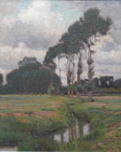 Paisaje eduardiano a orillas del río - pintura al óleo de arte impresionista británico Sussex