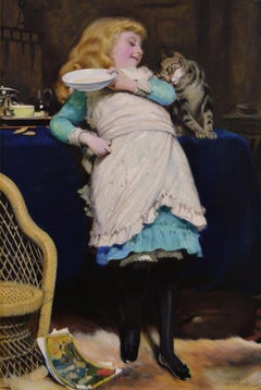 19. Jahrhundert Genre Ölgemälde eines Mädchens mit einer Katze