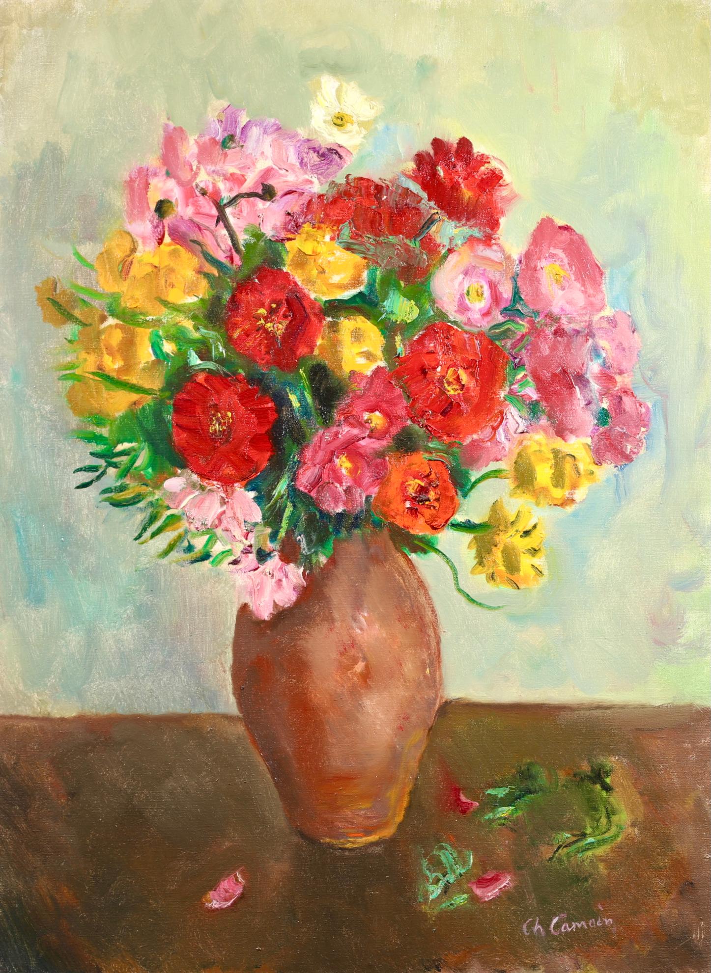 Nature morte signée, huile sur toile du peintre expressionniste et fauviste français Charles Camoin. L'œuvre représente un bouquet de fleurs aux couleurs vives (rouge, jaune, bleu et rose) dans un vase en grès. 

Signature :
Signé en bas à