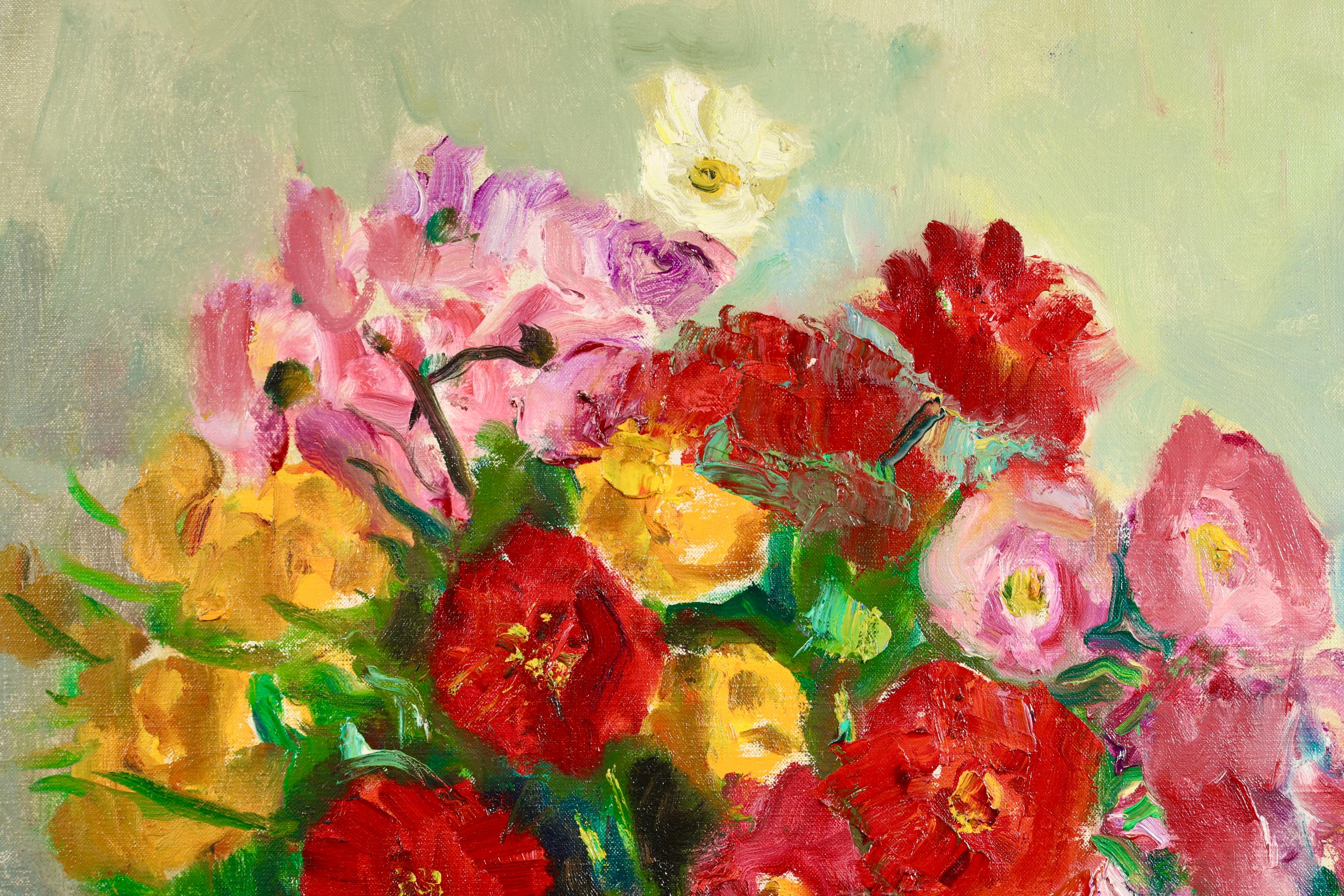 Signed still life oil on canvas by French expressionist and fauvist painter Charles Camoin. The work depicts a bright bouquet of flowers in reds, yellows, blues and pinks in a stoneware vase. 

Signature:
Signed lower right

Dimensions:
Framed: