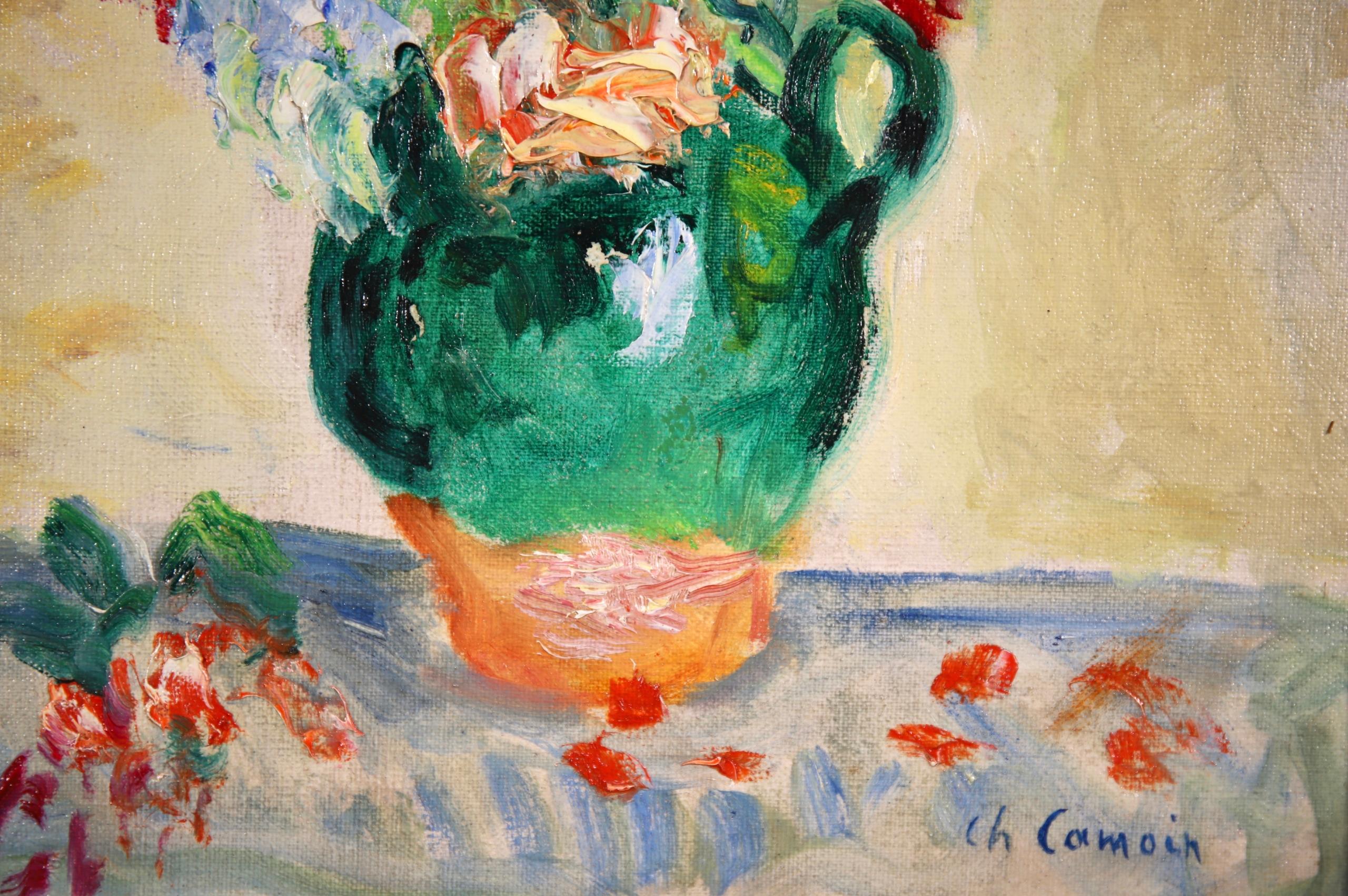 A beautiful oil on board circa 1920 by French expressionist and fauvist painter Charles Camoin. The work depicts a bright bouquet of flowers in reds, yellows, blues and whites in a green ceramic jug. 

Signature:
Signed lower