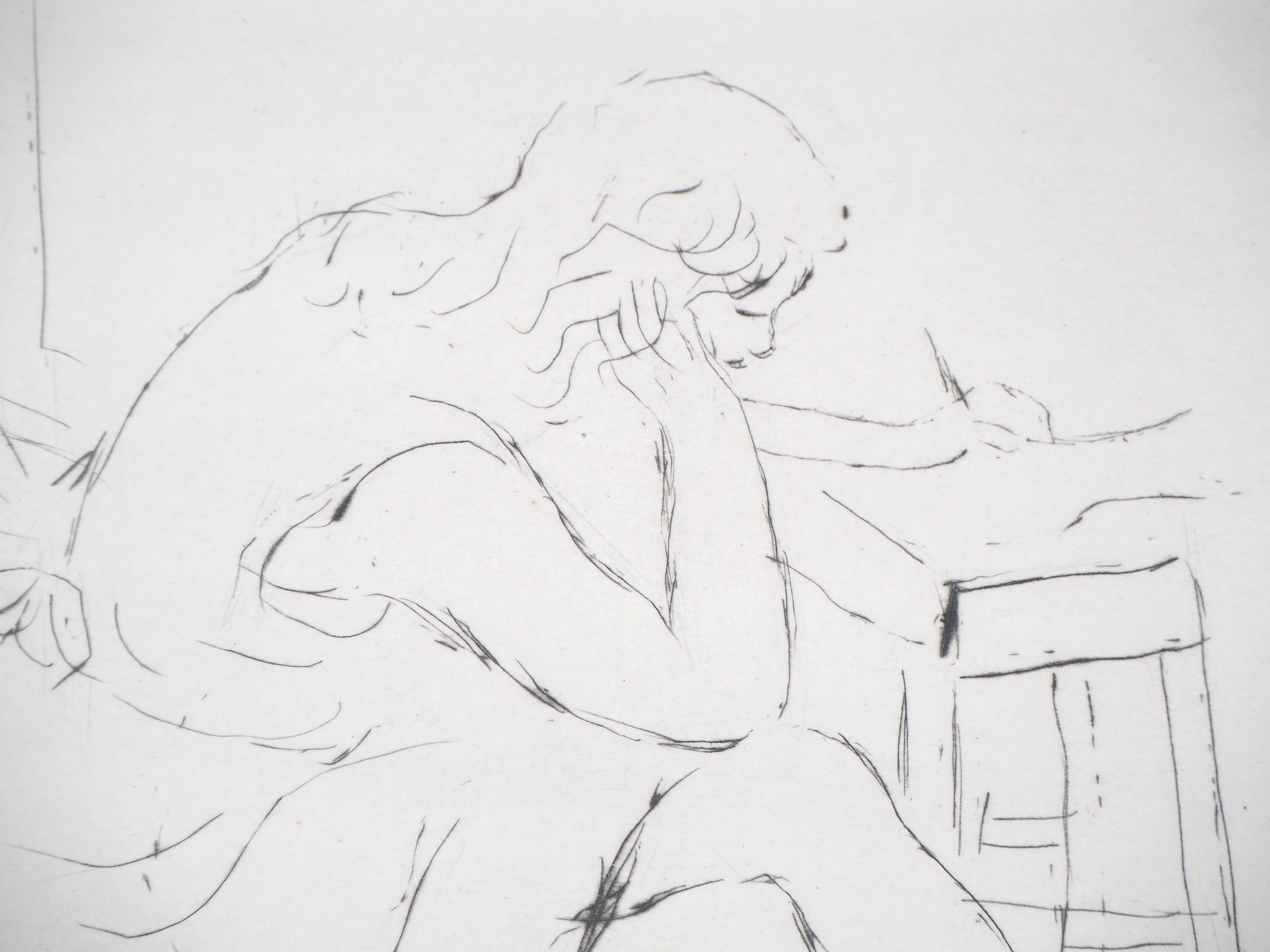 A long Study Day : Girl Reading - Original etching - Hand Signed - Modern Print by Charles Camoin