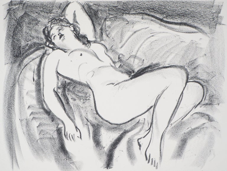 Lying Nude on a Sofa - Original Lithograph - Handsigned - Print by Charles Camoin