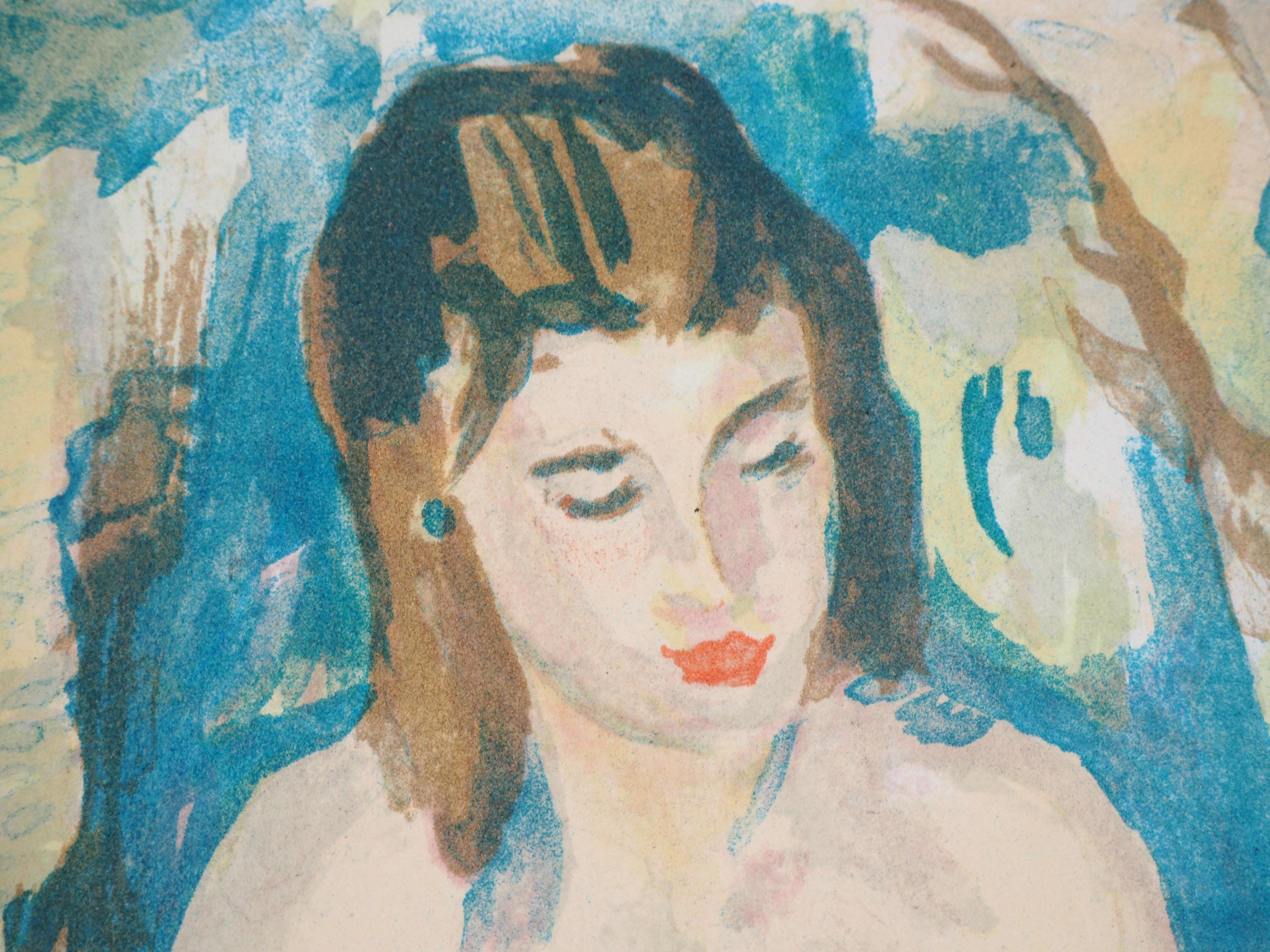 Wiping Nude - Litografía original - Firmada a mano - Figurative Print Beige de Charles Camoin