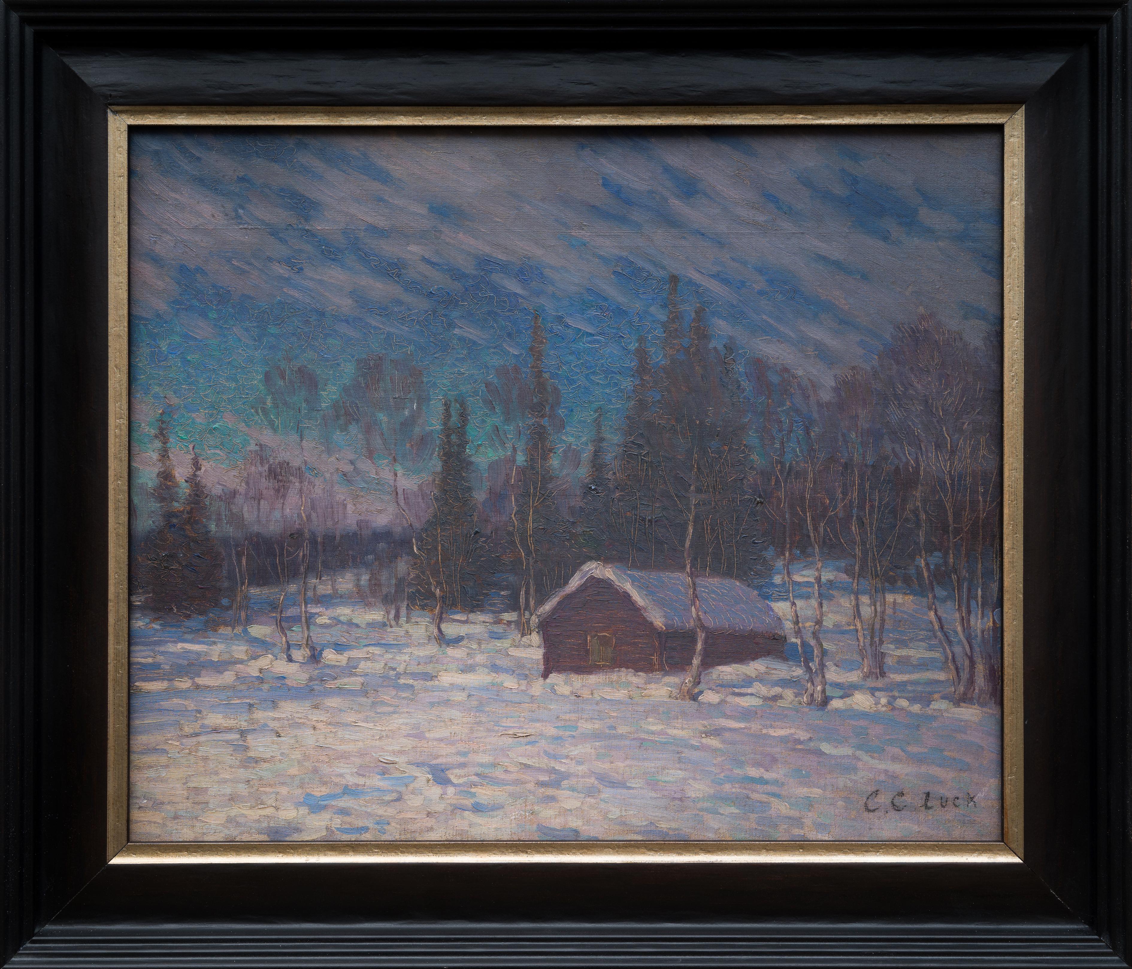 Crepúsculo invernal del artista de Cornualles Charles Cardale Luck, Óleo sobre tabla 