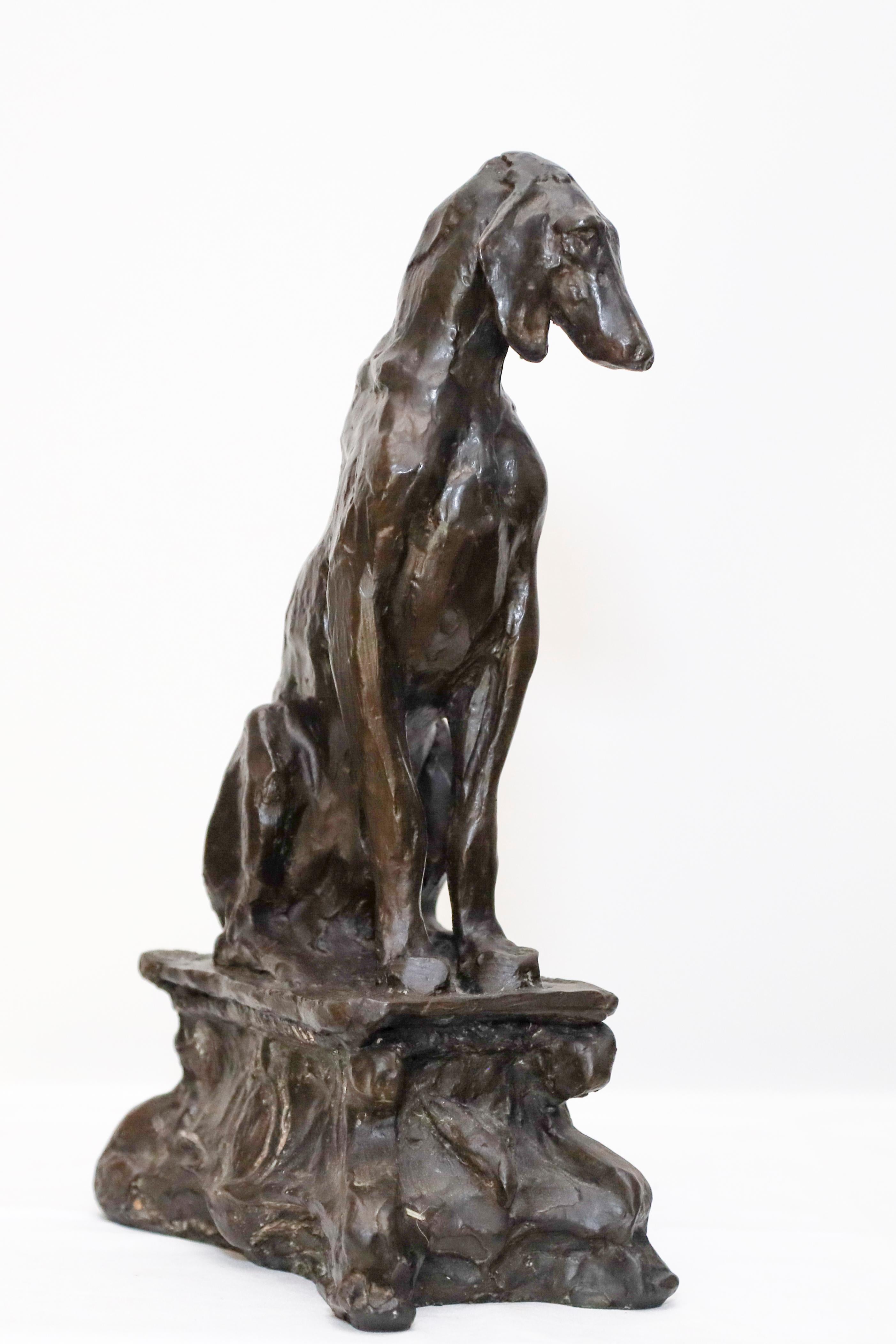 This beautiful bronze of a Foxhound is a study for what was to be a pair of larger ones used as a pair of Andirons outside fireplace at Harriman House in NYC.  The artist, Charles Rumsey was married to Mary Harriman, and brother in law to Averell