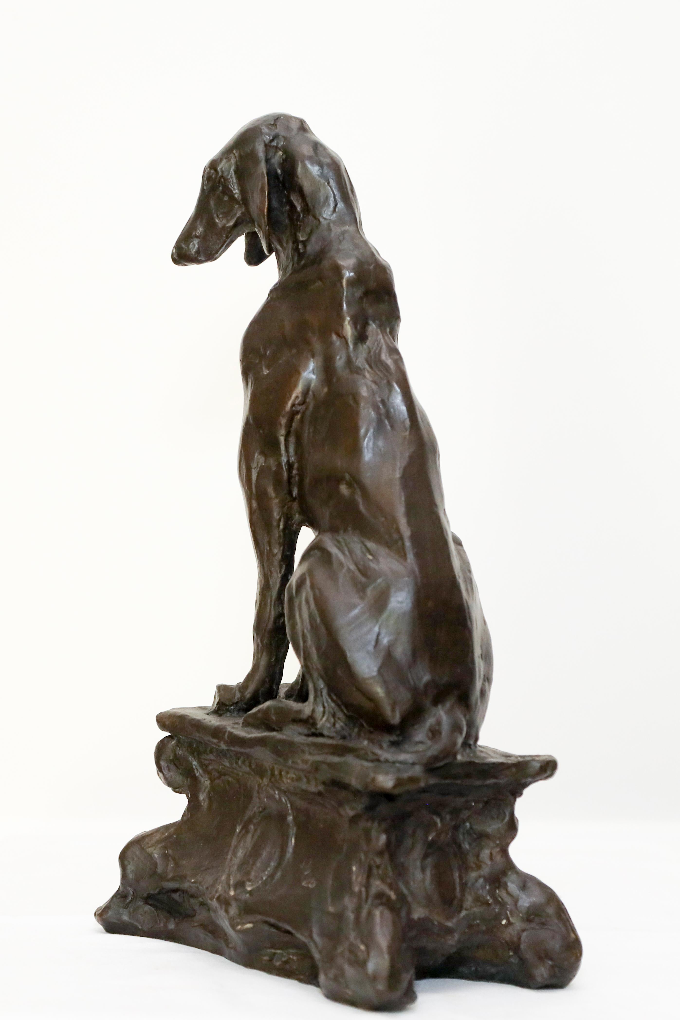 Ce magnifique bronze d'un Foxhound est une étude pour ce qui devait être une paire de plus grands, utilisés comme une paire d'andirons à l'extérieur de la cheminée de Harriman House à New York.  L'artiste, Charles Rumsey, était marié à Mary Harriman