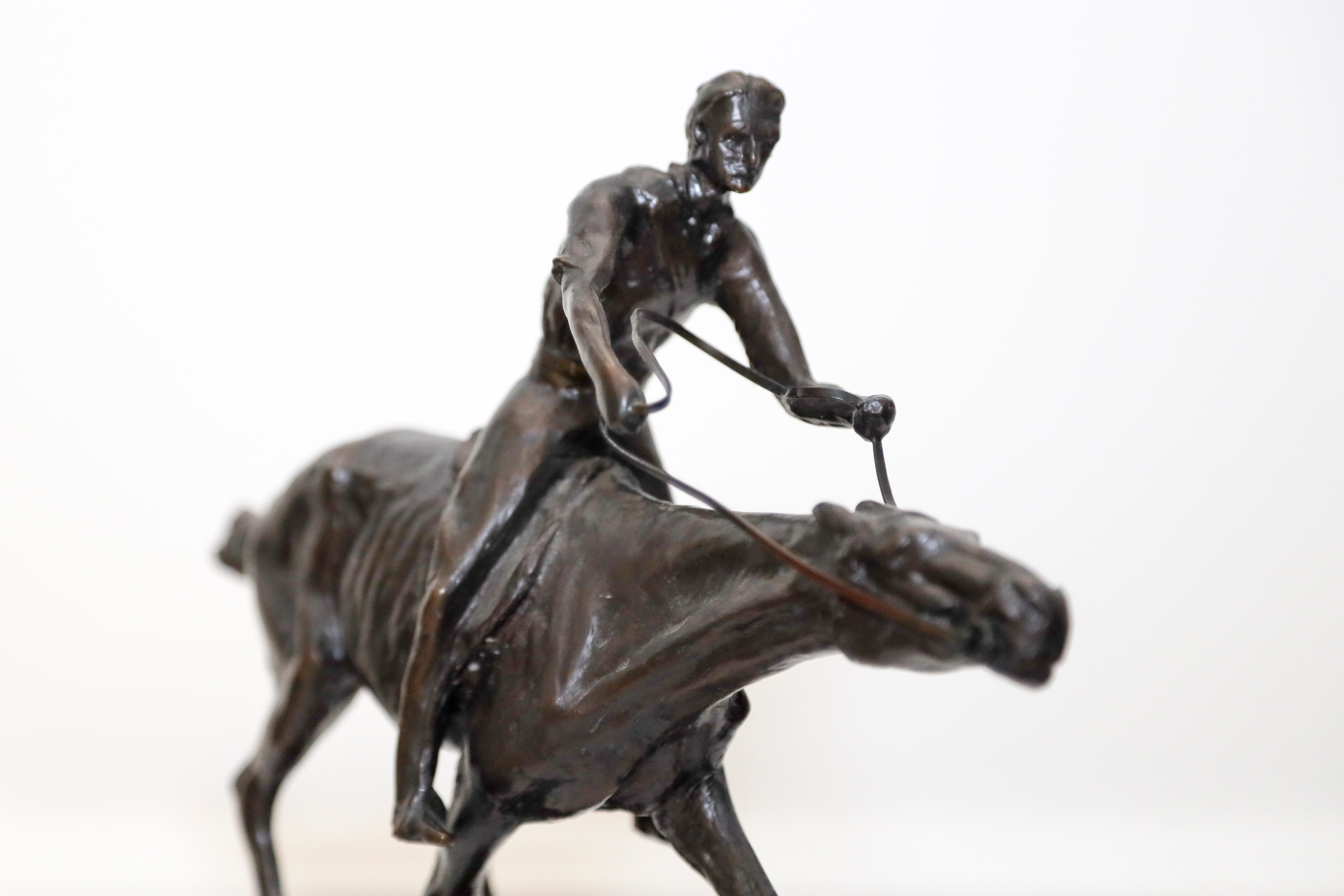 Rumsey’s specialties included equestrian sculptures – portraits of polo players and prize horses, as well as of cowboys, cattle and horses as metaphors. He worked principally in bronze and stone, often employing mythology and historical themes