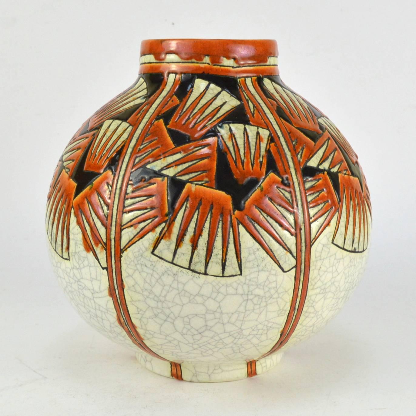 Charles Catteau (1880-1966) Faience ceramic and polychrome enamels vase by Boch brothers Keramis, Belgium. 
Decor nr. 1120 , shape nr. 894.
Dimensions: Ø - 23 cm.