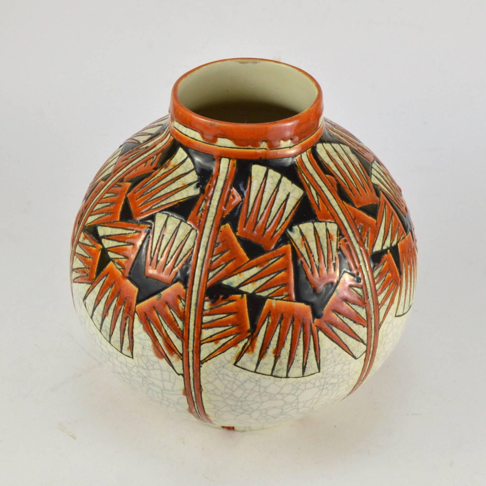Early 20th Century Charles Catteau Faience Ceramic and Polychrome Enamels Vase Keramis