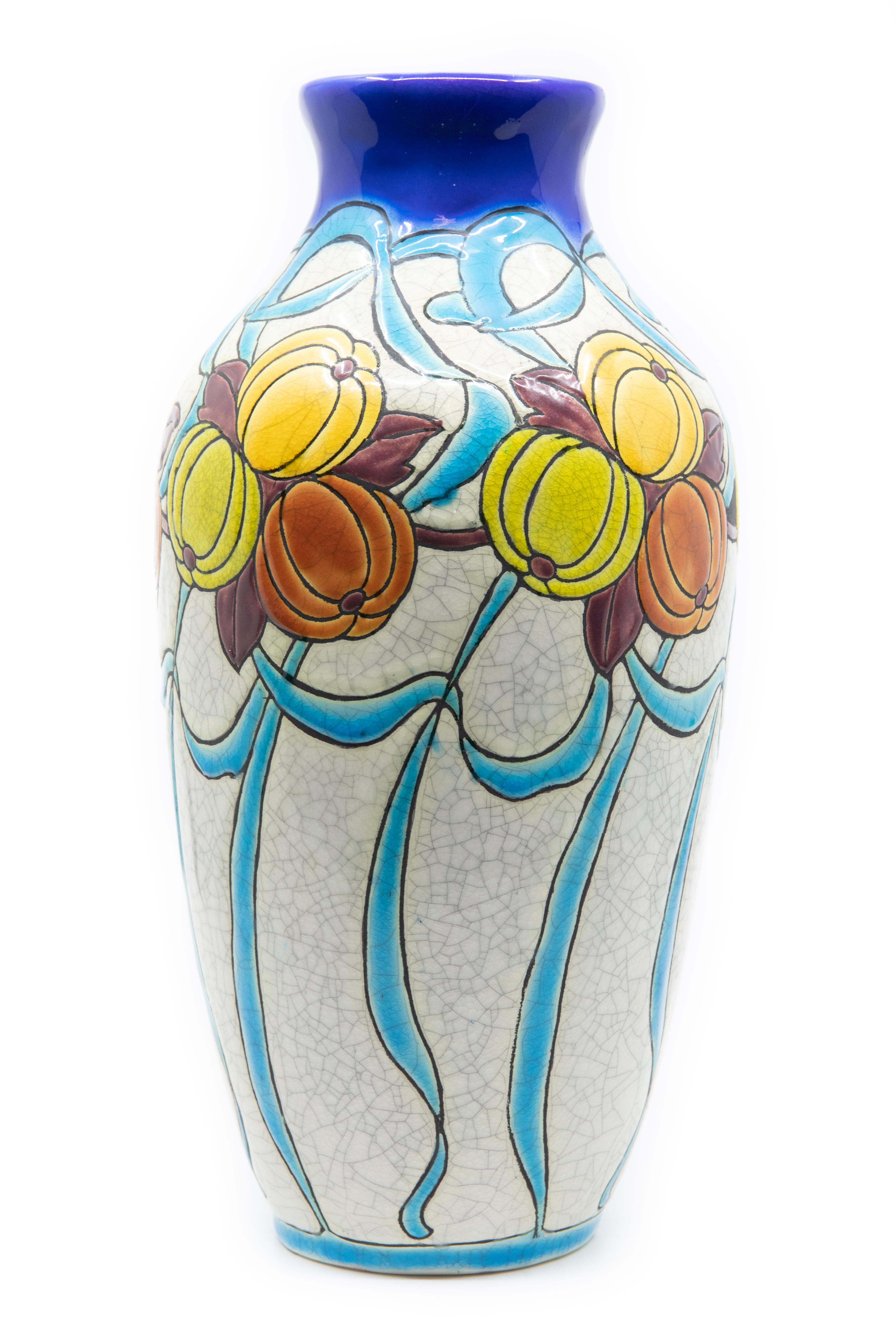Charles Catteau Art Deco Ceramic Enameled Vase, circa 1920 In Good Condition In Hudson, NY