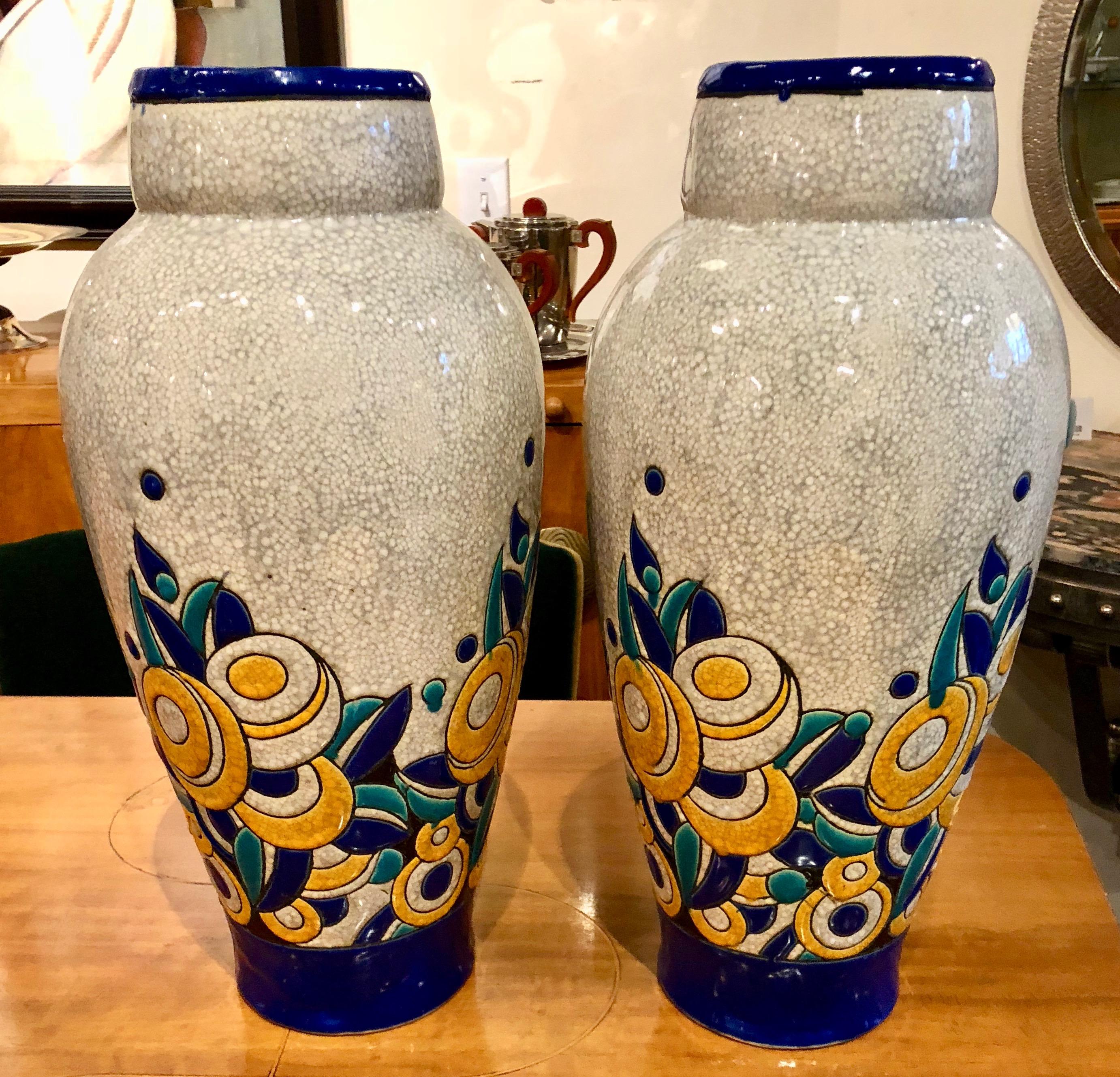 Belgian Charles Catteau Boch Ceramic Large Matching Pair of Floral Art Deco