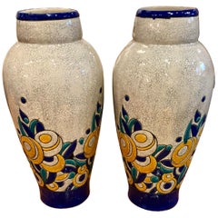 Charles Catteau Boch Ceramic Large Matching Pair of Floral Art Deco