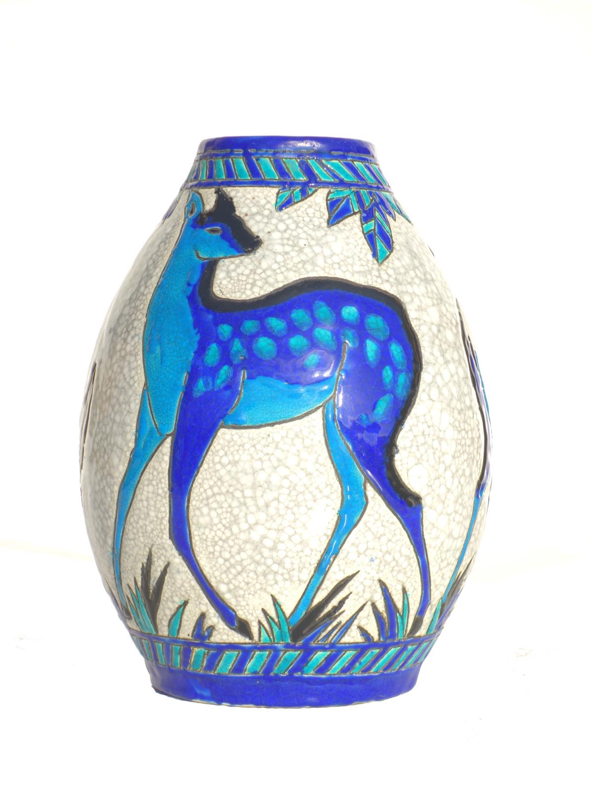 Italian Charles Catteau Boch Enamel Ceramic Art Deco Blue Deer Pottery Vase For Sale