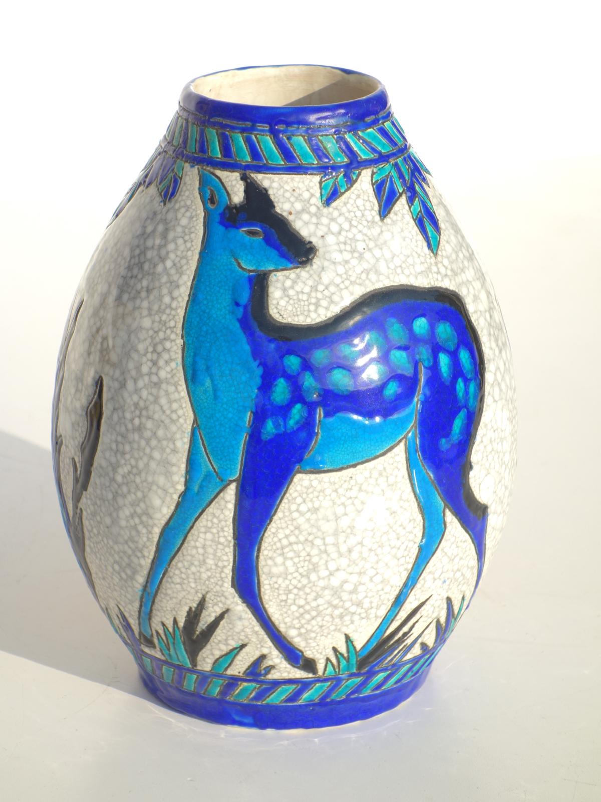 Charles Catteau Boch Enamel Ceramic Art Deco Blue Deer Pottery Vase In Excellent Condition For Sale In Brescia, IT