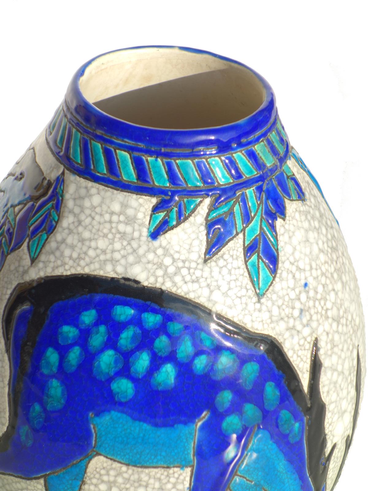 Early 20th Century Charles Catteau Boch Enamel Ceramic Art Deco Blue Deer Pottery Vase For Sale